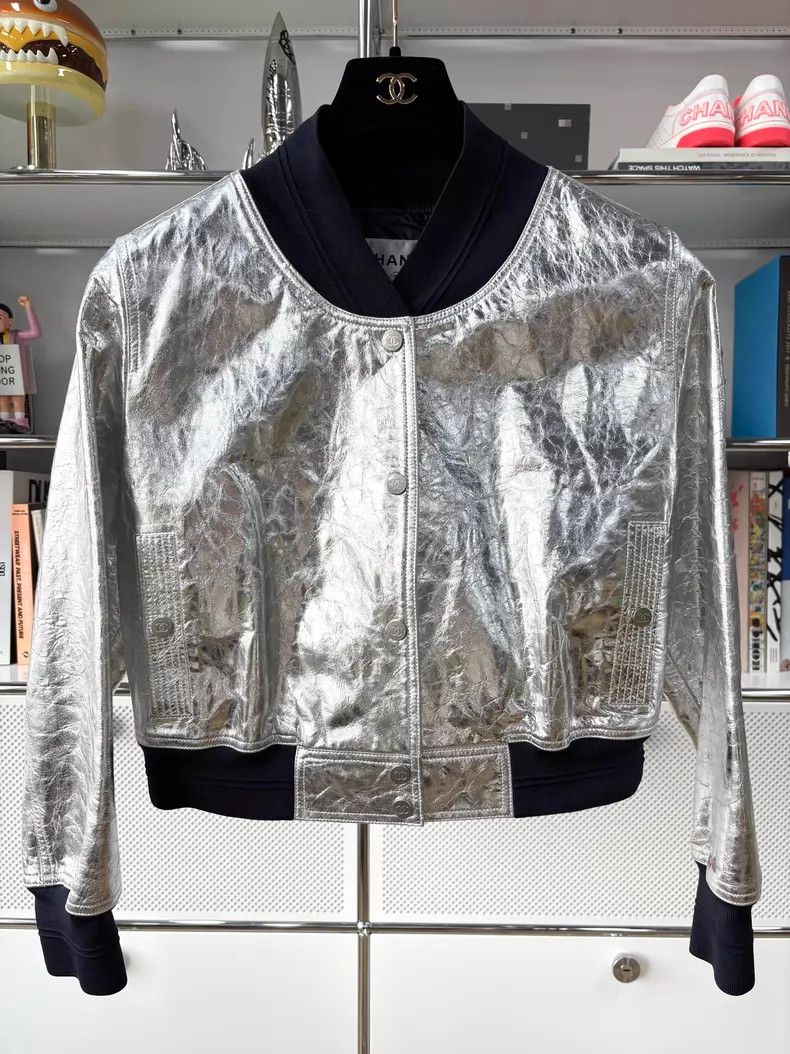 Chanel Chanel Silver Wrinkled Pilot Jacket F42- DMC Size US M / EU 48-50 / 2 - 1 Thumbnail