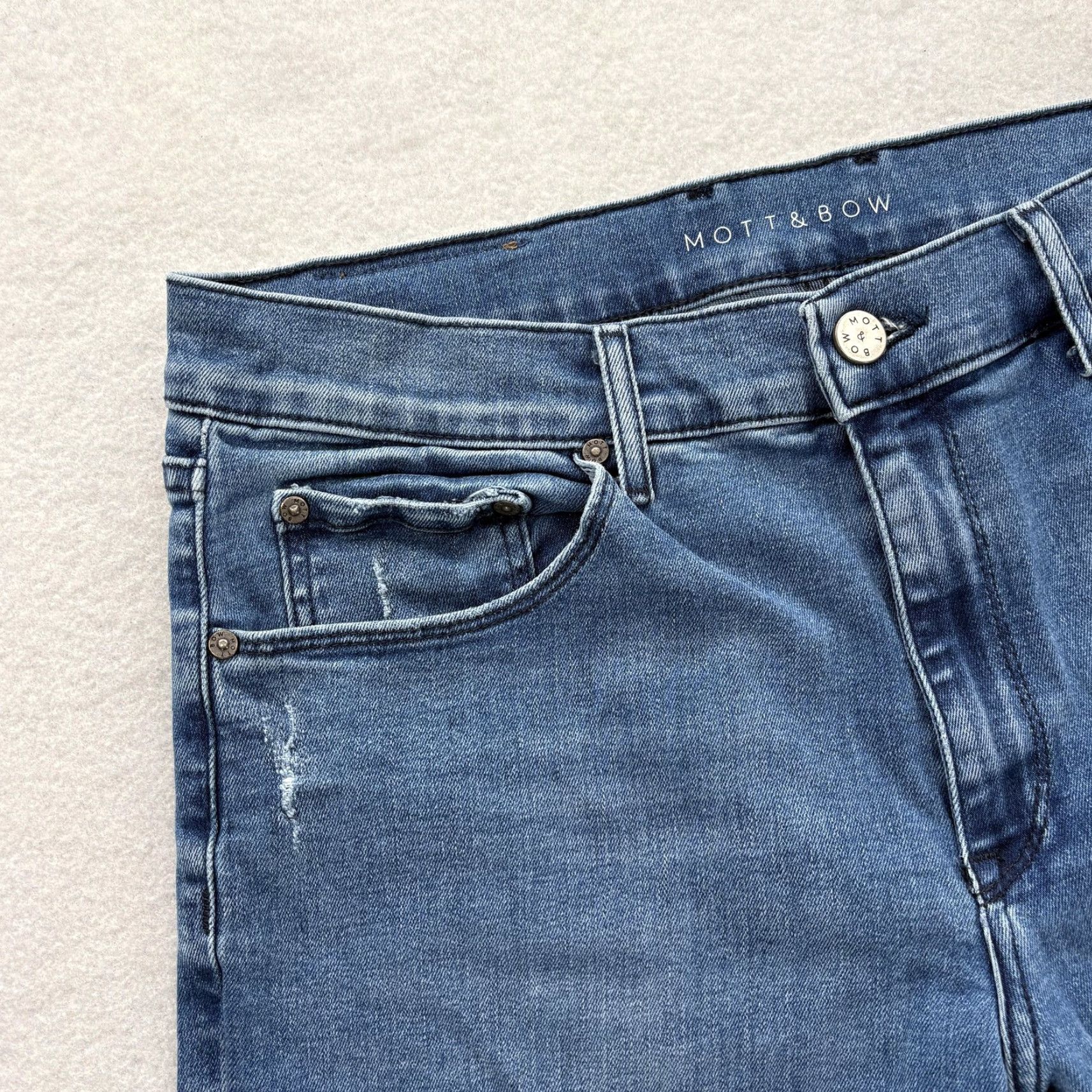 Mott & Bow Mott & Bow Jeans 35x34 Blue Medium Wash Straight Denim Pants Mens Regular Stretch Cotton Polyester Zip Pocket Vintage No Size US 35 - 3 Thumbnail