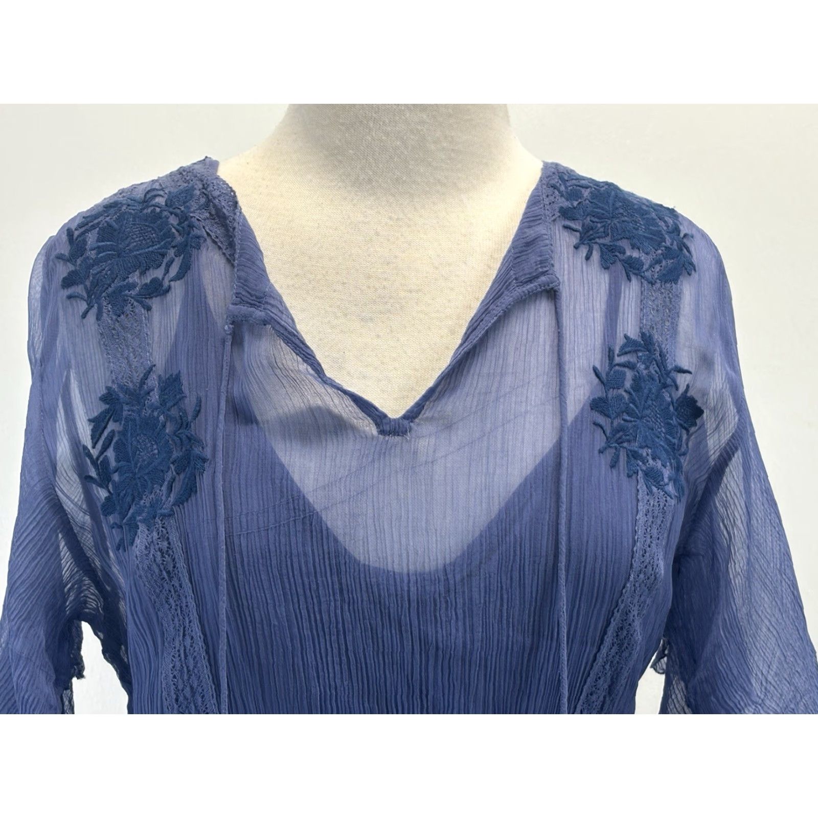 Vintage Sundance Led By Dreams Women's Blouson Floral Embroidered Drop Waist Midi Dress Petite S Blue Floral Embroidered Dress Vintage No Size L / US 10 / IT 46 - 5 Thumbnail