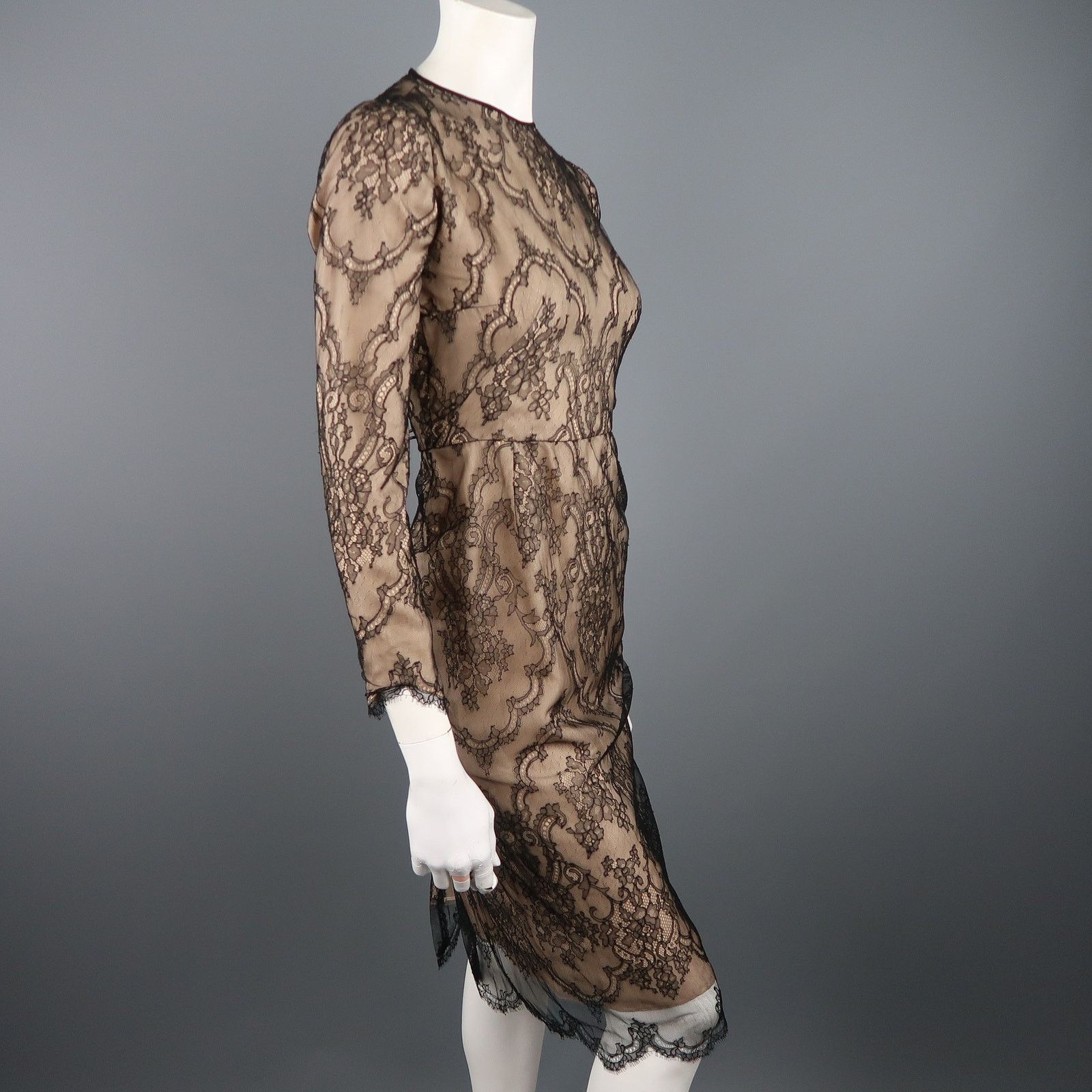 Other DENNIS BASSO Beige Black Lace Overlay Long Sleeve Cocktail Size S / US 4 / IT 40 - 5 Thumbnail