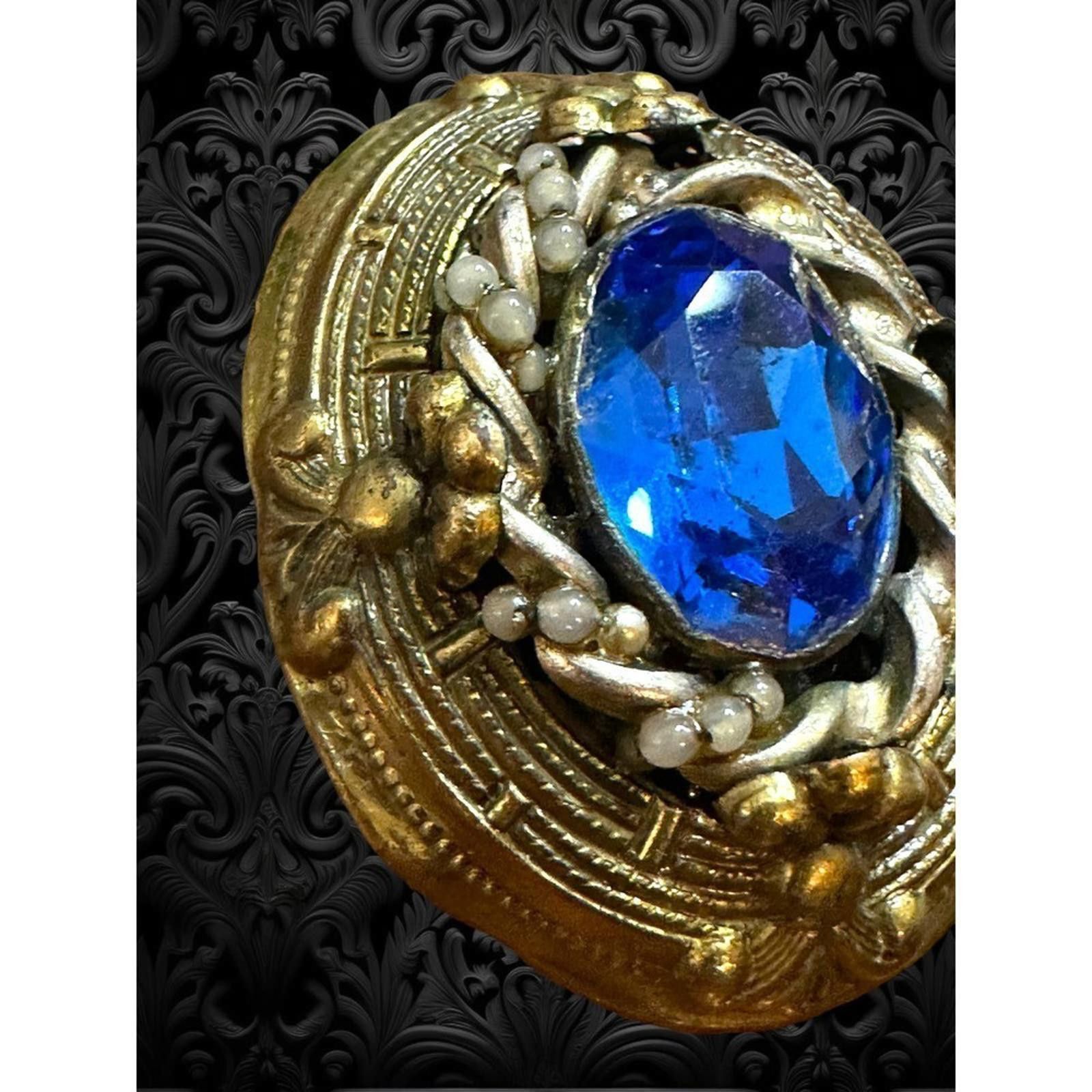 Designer Antique Art Deco Czech Glass Cobalt Blue Brass Dress Clip Size ONE SIZE - 5 Thumbnail