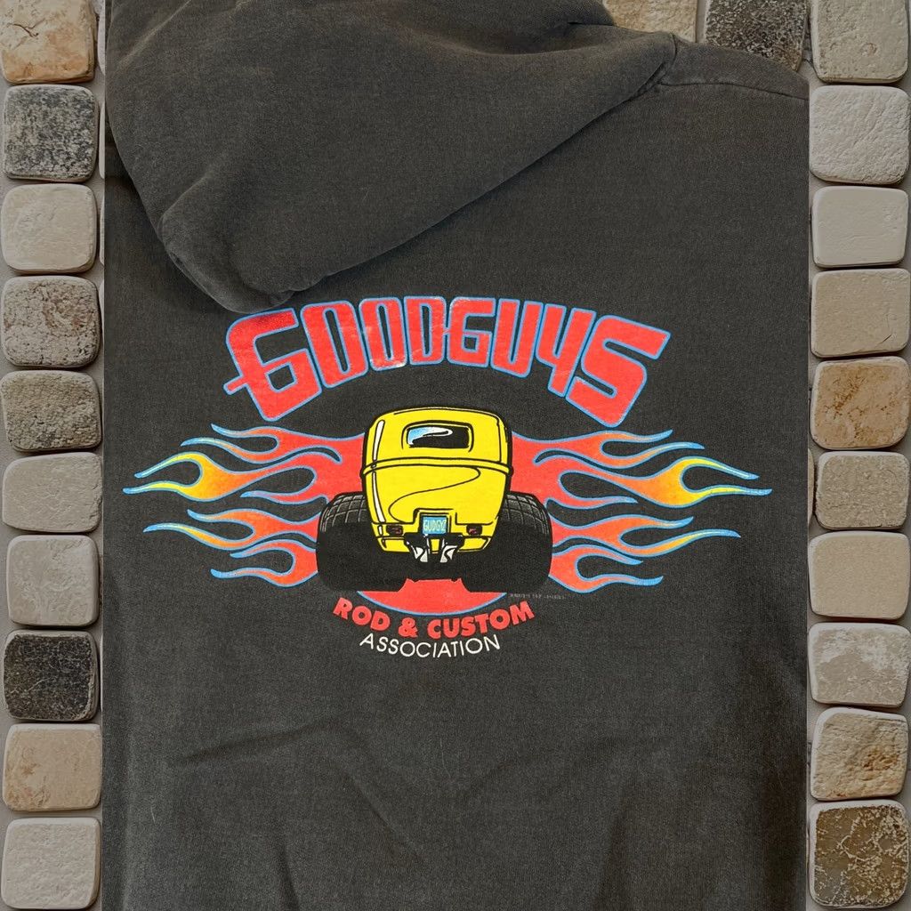 Vintage Hanes Hoodie Mens 1XL Black 90s Biker Distressed Custom Usa Goodguys Rod, Men's