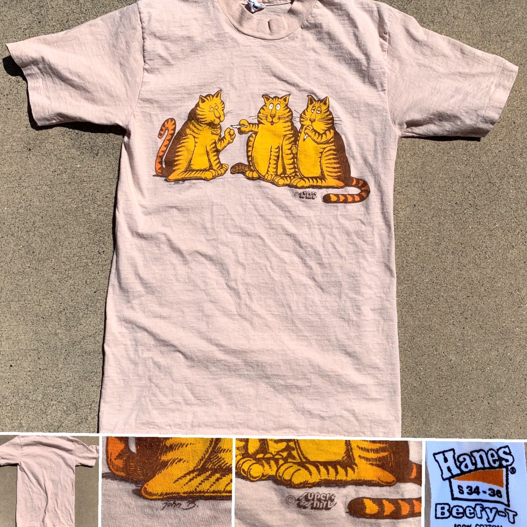 Hanes VINTAGE Hanes Beefy-T Cats Smoking T-Shirt S Beige 100% Cotton Mens 1980s Graphic Tee Short Sleeve Size US S / EU 44-46 / 1 - 4 Thumbnail