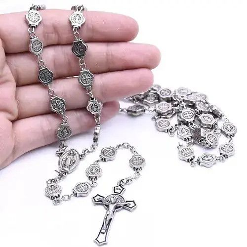 Jewelry x Movie Saint Benedict Rosary Necklace Chain Catholic Church Jesus in Silver, Men's