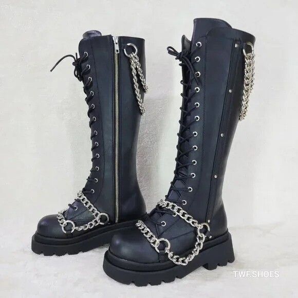 Demonia Cult DEMONIA Renegade Draped Chain Combat Knee High Boots Goth Pu Size US 10 / IT 40 - 1 Thumbnail