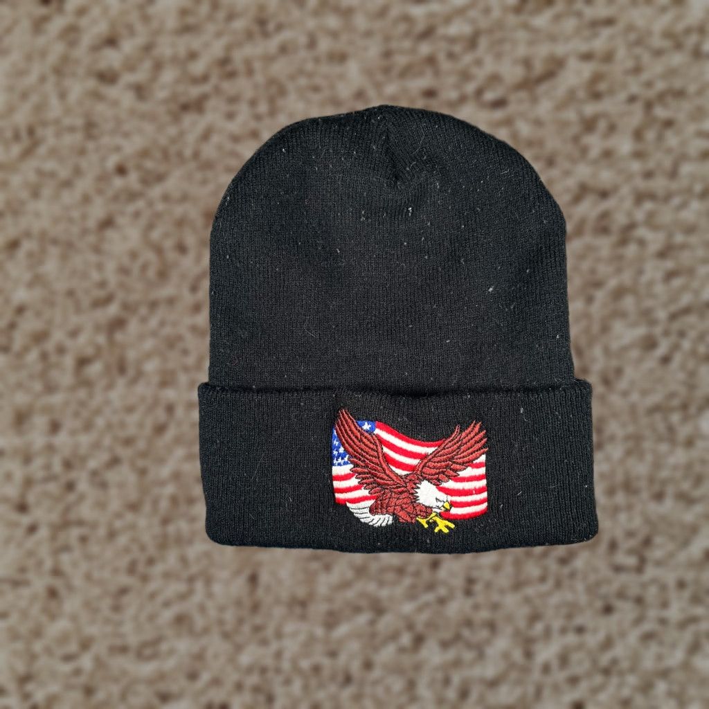 Vintage USA Flag Eagle Beanie Adult Black Knit 100% Acrylic Ski Snow Outdoors Unbranded Beanie Mens Womens Unisex Adults Black Eagle Flag Ski Size ONE SIZE - 1 Thumbnail
