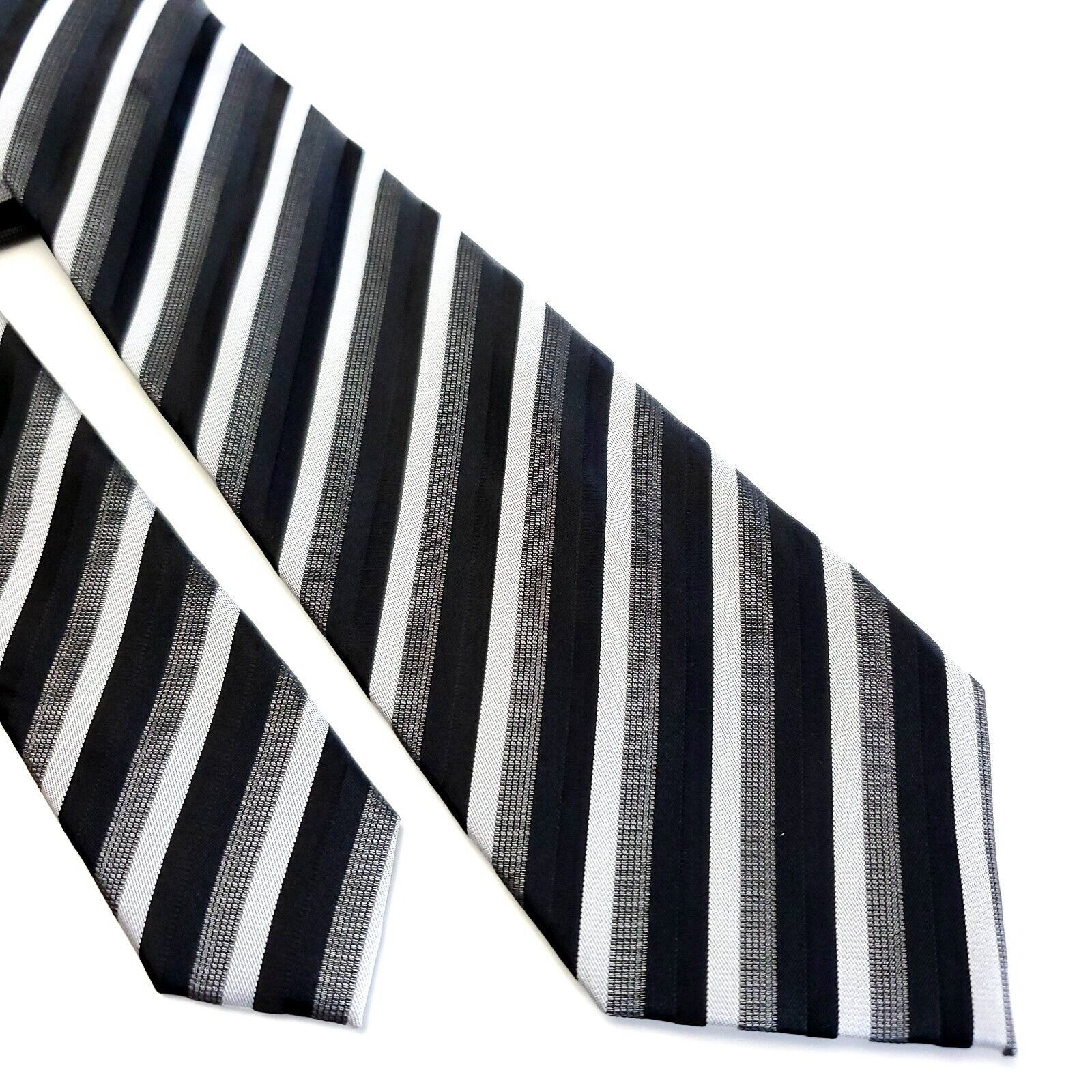 Designer NEW Q Brand Italy Black Gray Striped Woven Skinny Silk Tie Size ONE SIZE - 1 Thumbnail