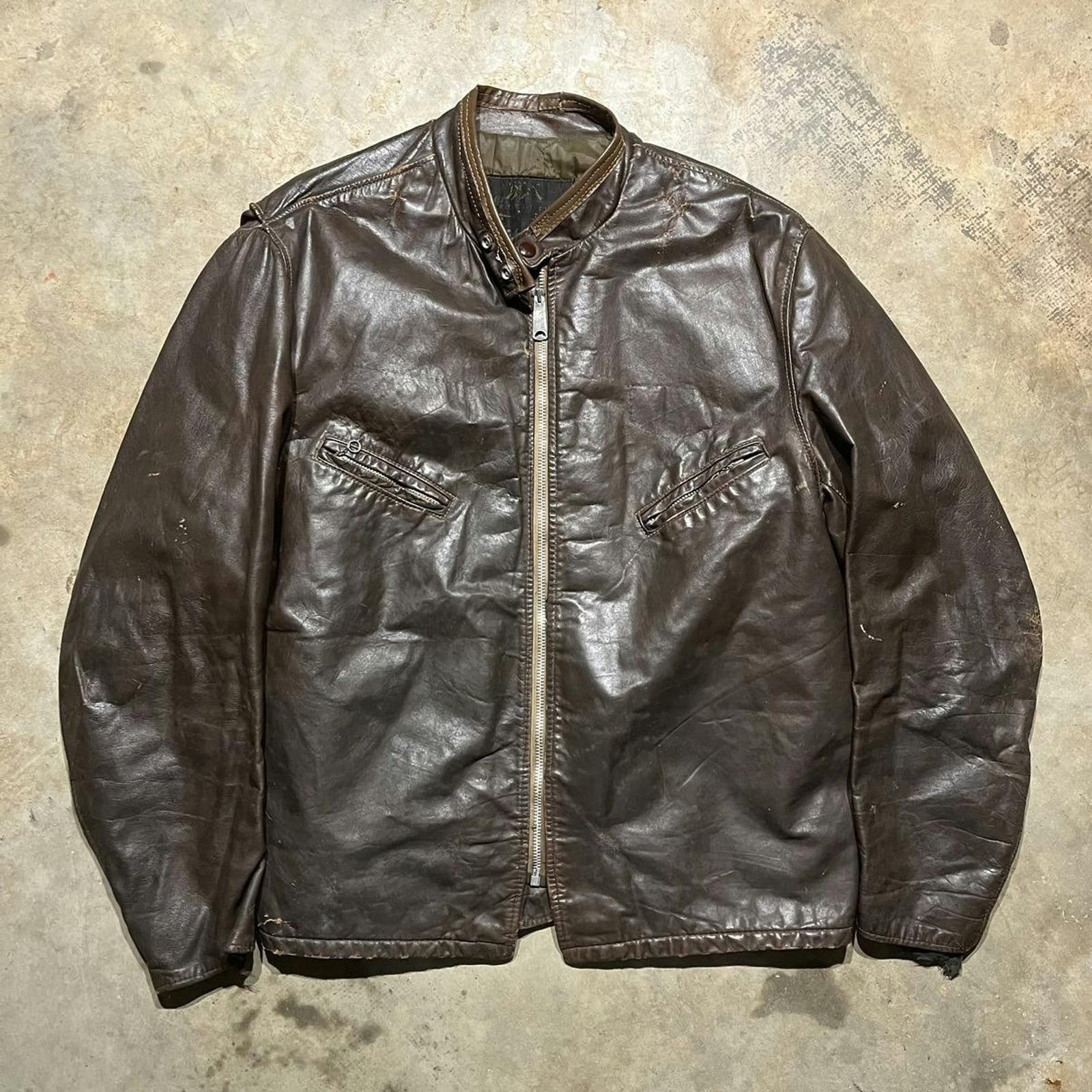 image of Made In USA x Schott Vintage 60S Schott Brown Leather Cafe Racer Talon Jacket, Men's (Size XL)