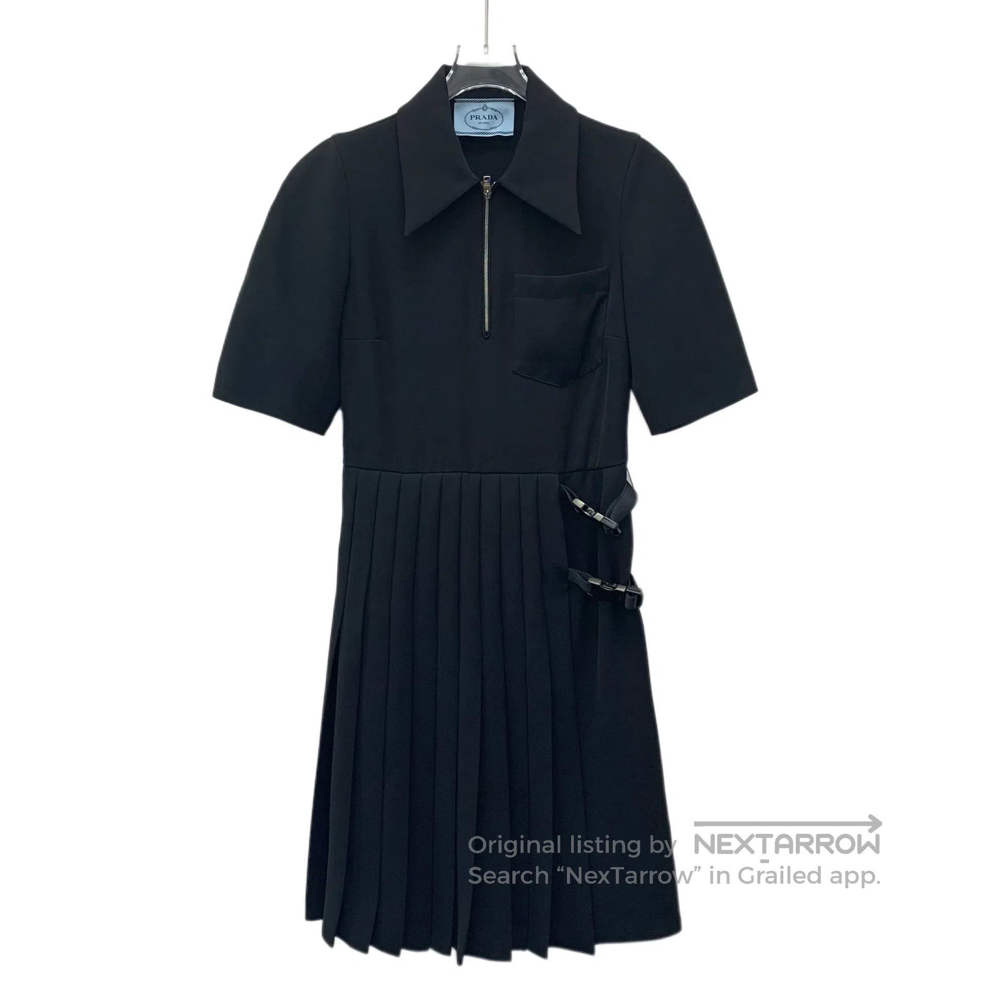 Prada Prada Black Triangle Logo Pleated Collar Semi-Zip Short Sl Size XS / US 0-2 / IT 36-38 - 1 Thumbnail