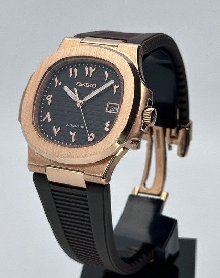 Japanese Brand Seiko Mod Nautilus Black Arabic Dial Rosegold Watch 41mm Size ONE SIZE - 1 Thumbnail