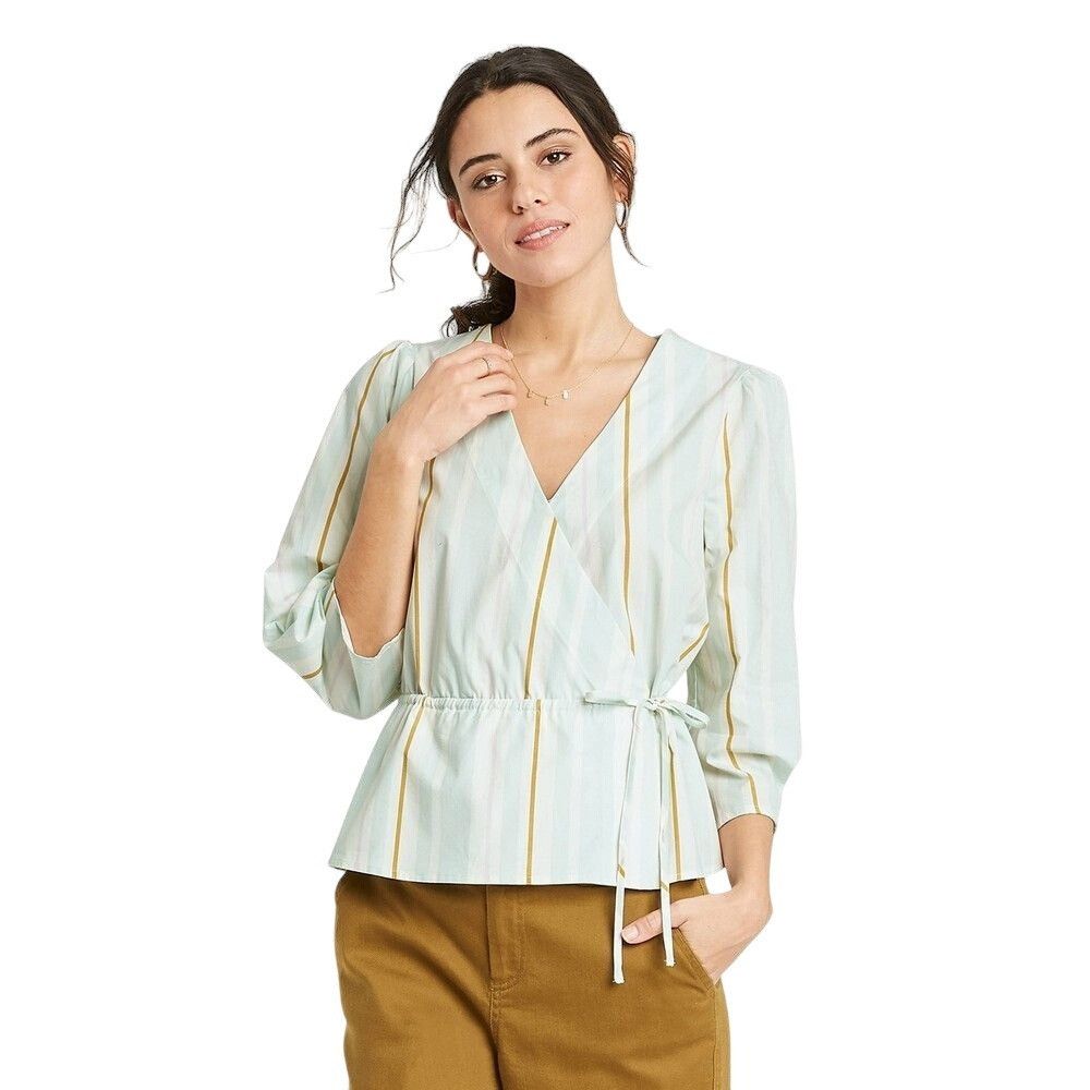 Other Women's Medium stripped Long Sleeve Wrap Top - a New Day MIn Size L / US 10 / IT 46 - 2 Thumbnail