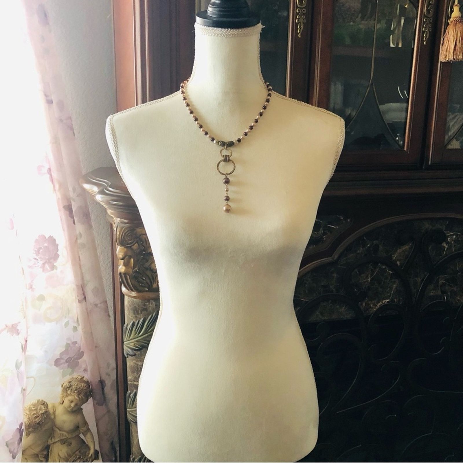 Handmade Handcrafted repurpose brown & tan dangle Pearl necklace Size ONE SIZE - 6 Thumbnail