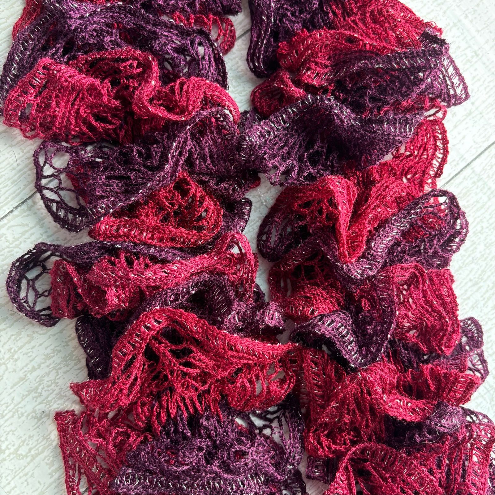 Handmade Handmade Crocheted Ruffle Red Purple Scarf Silver Accents Size ONE SIZE - 5 Thumbnail