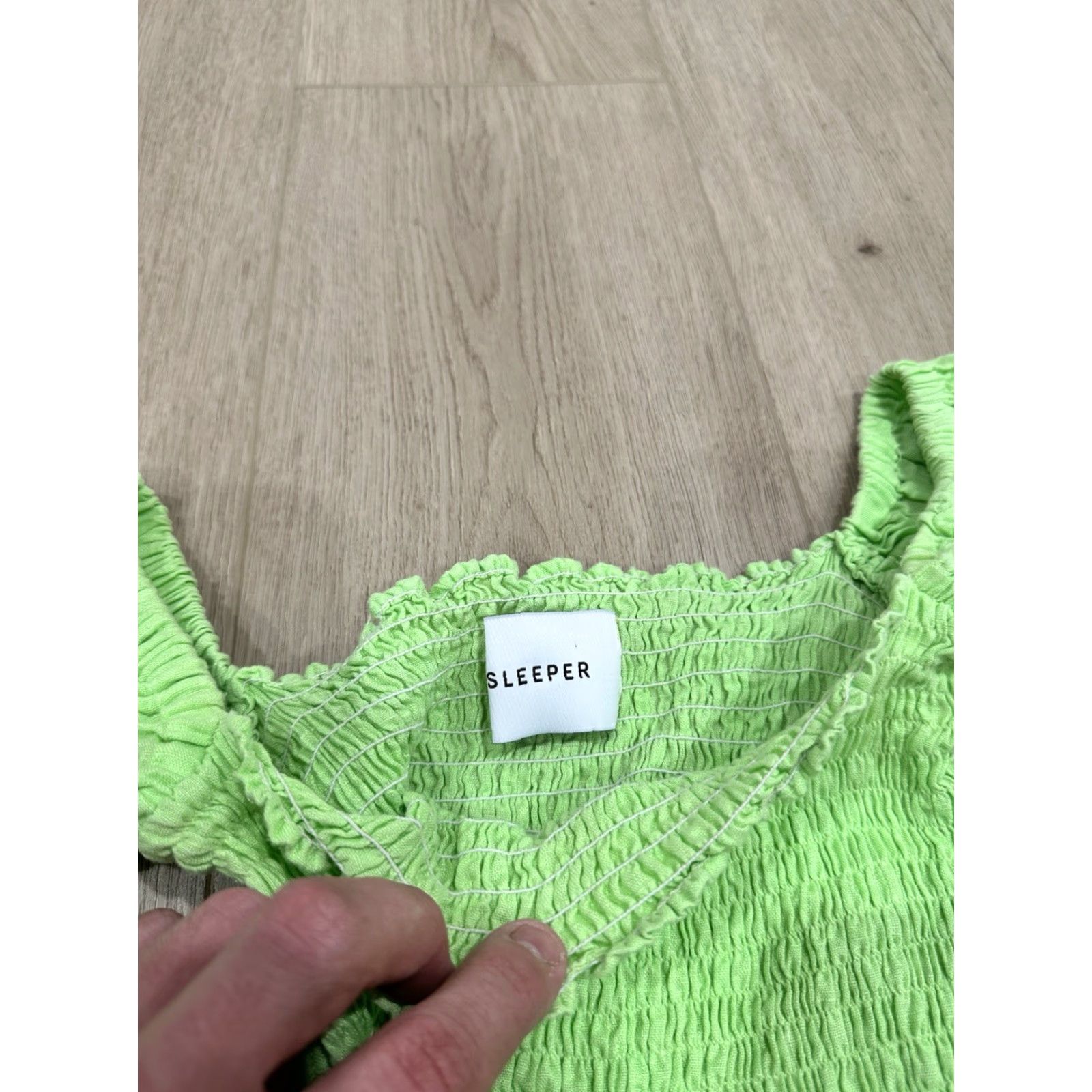 Sleeper Sleeper Dress Womens S Green Linen Smocked Midi Off the Shoulder Sleeper Size S / US 4 / IT 40 - 7 Thumbnail