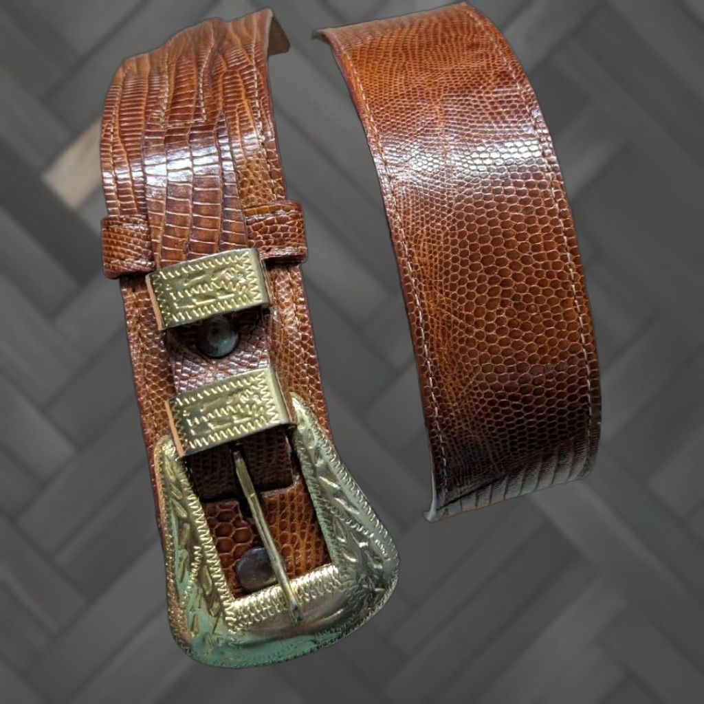 Vintage VINTAGE Justin belt western brown GENUINE LIZARD buckle nickel silver 28 Men belt Size 28 - 1 Thumbnail