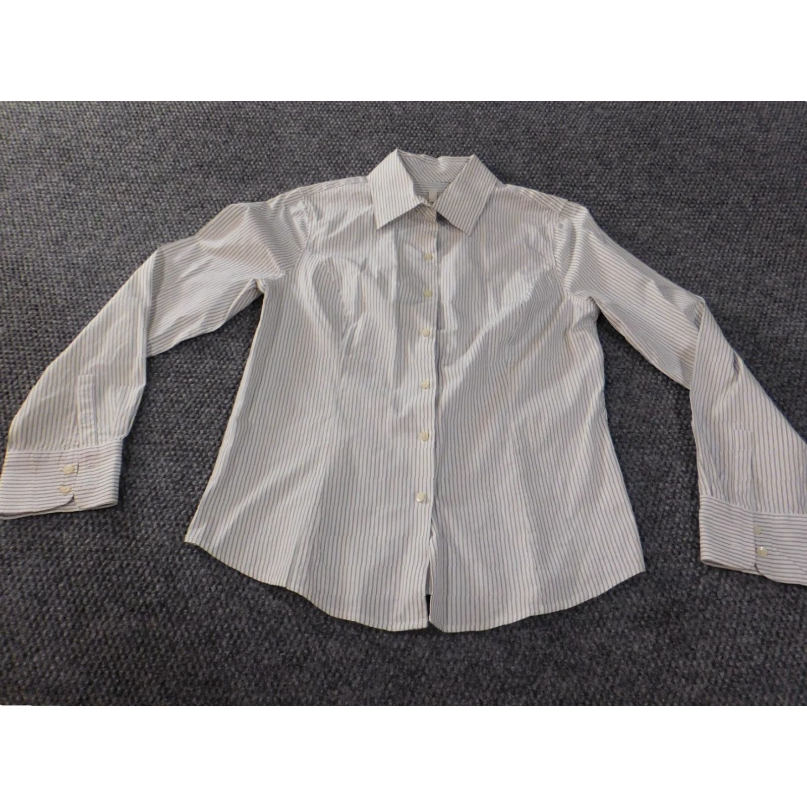 Talbots Talbots Button-Up Shirt Beige Striped Stretch Cotton Womens Size 10 Regular Classic Casual Pattern Striped Collared Button-Up Length Long Sleeve Knit? Size L / US 10 / IT 46 - 2 Thumbnail