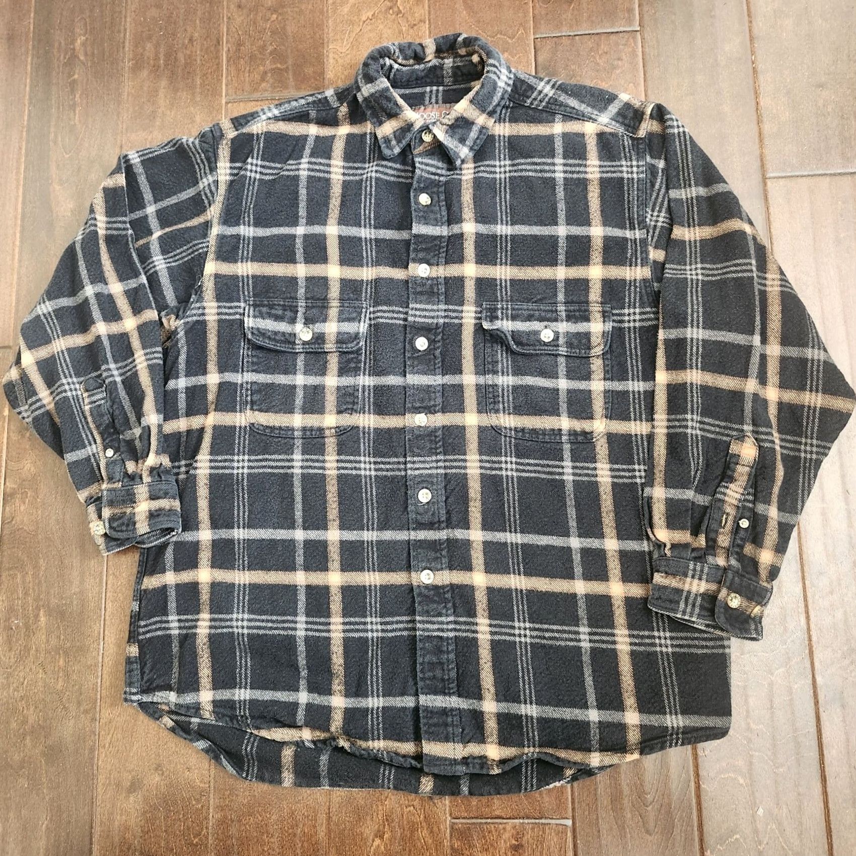 Vintage Moose Creek Flannel Shirt Mens Large Black Tan Plaid Button-Up Long Sleeve Collared Casual Workwear Travel Winter Fall Spring Regular Cotton Size US L / EU 52-54 / 3 - 2 Thumbnail