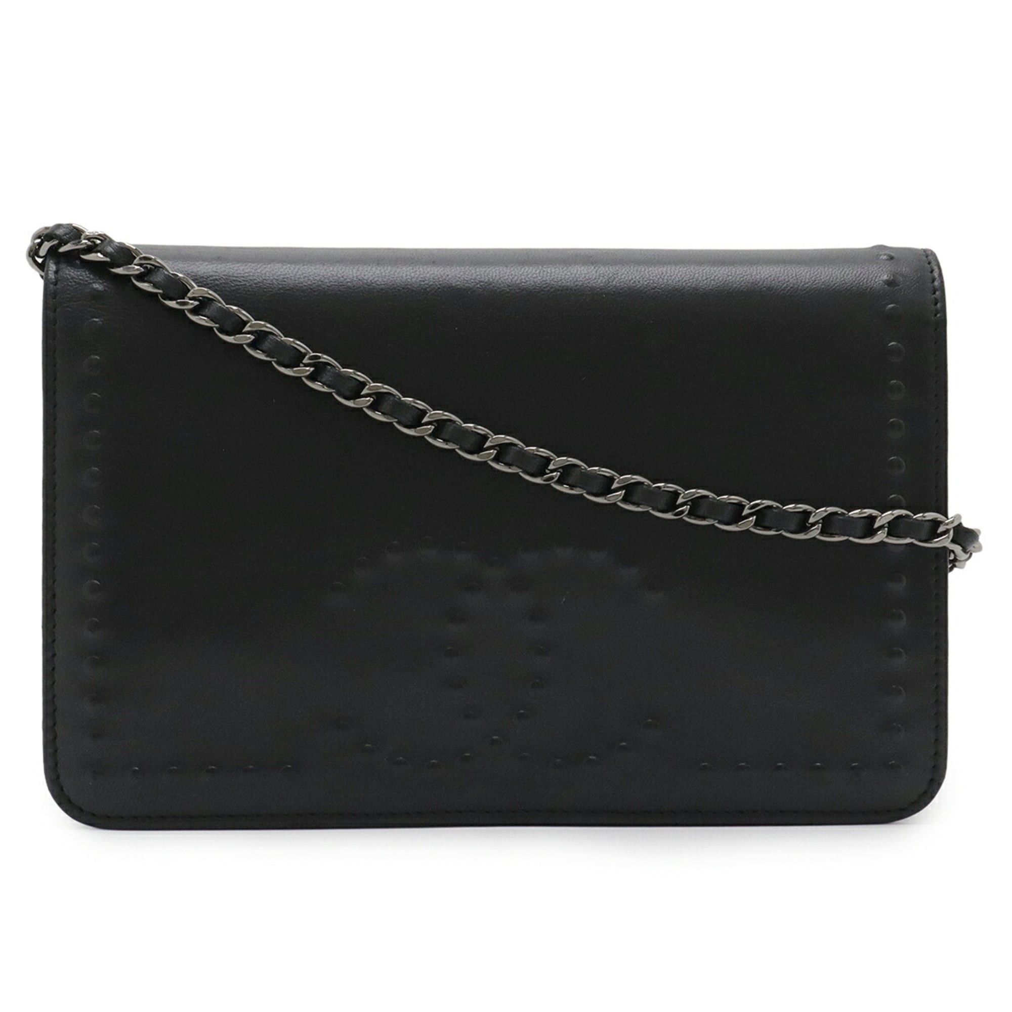 Chanel Coco Mark Wallet, Chain Shoulder Bag, Pochette, Leather, Black, Women's
