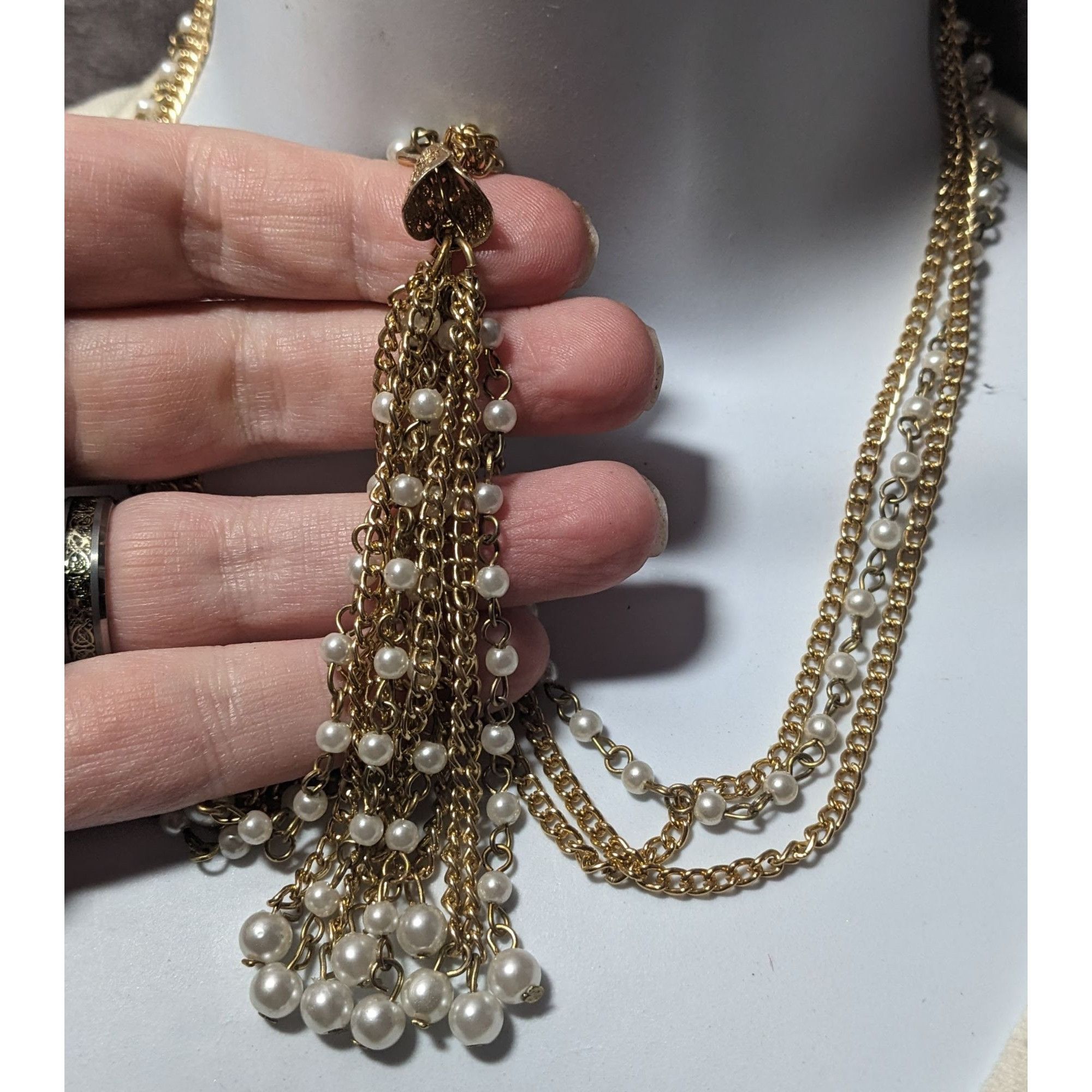 Other Gold Tone Faux Pearl Multistrand Tassel Necklace Size ONE SIZE - 6 Thumbnail