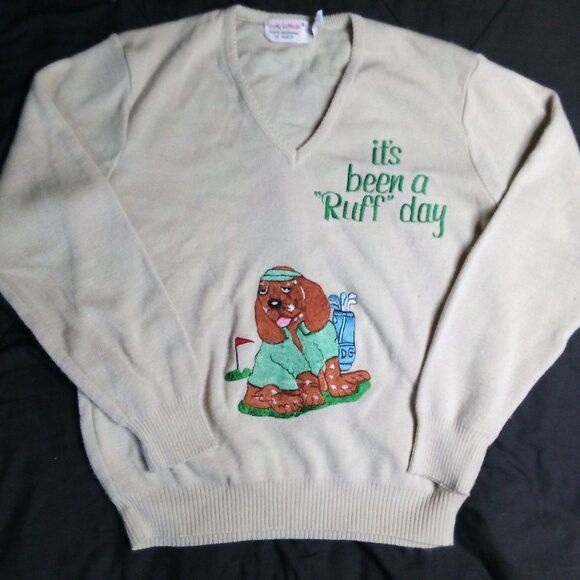 Other Vintage Lady LaMode Ruff Day Golf Dog V-Neck Sweater Size XL / US 12-14 / IT 48-50 - 2 Thumbnail