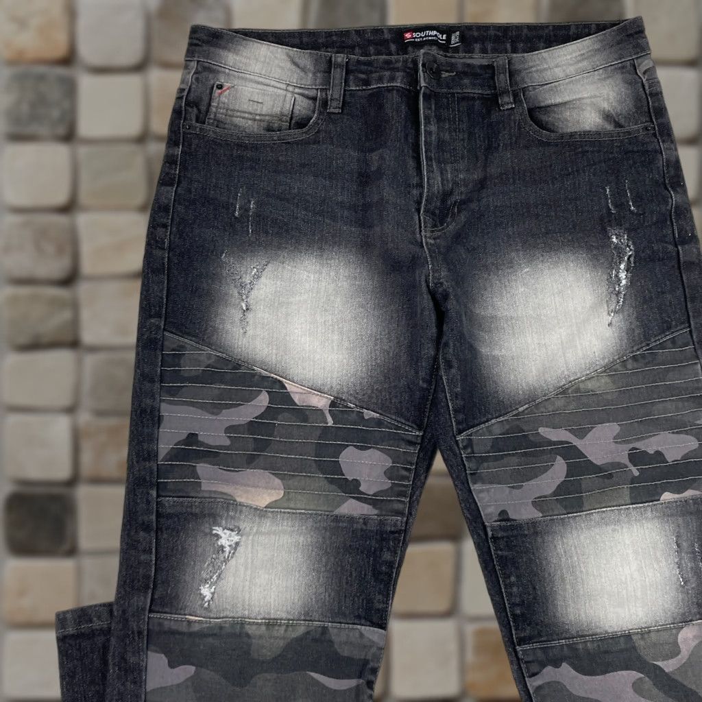 Southpole Southpole Jeans Mens 34 x 30 Black Camouflage Skinny Denim Moto Distressed Jeans Biker 5-Pocket Regular Rise Mid Denim Shirt? Size US 34 / EU 50 - 1 Thumbnail