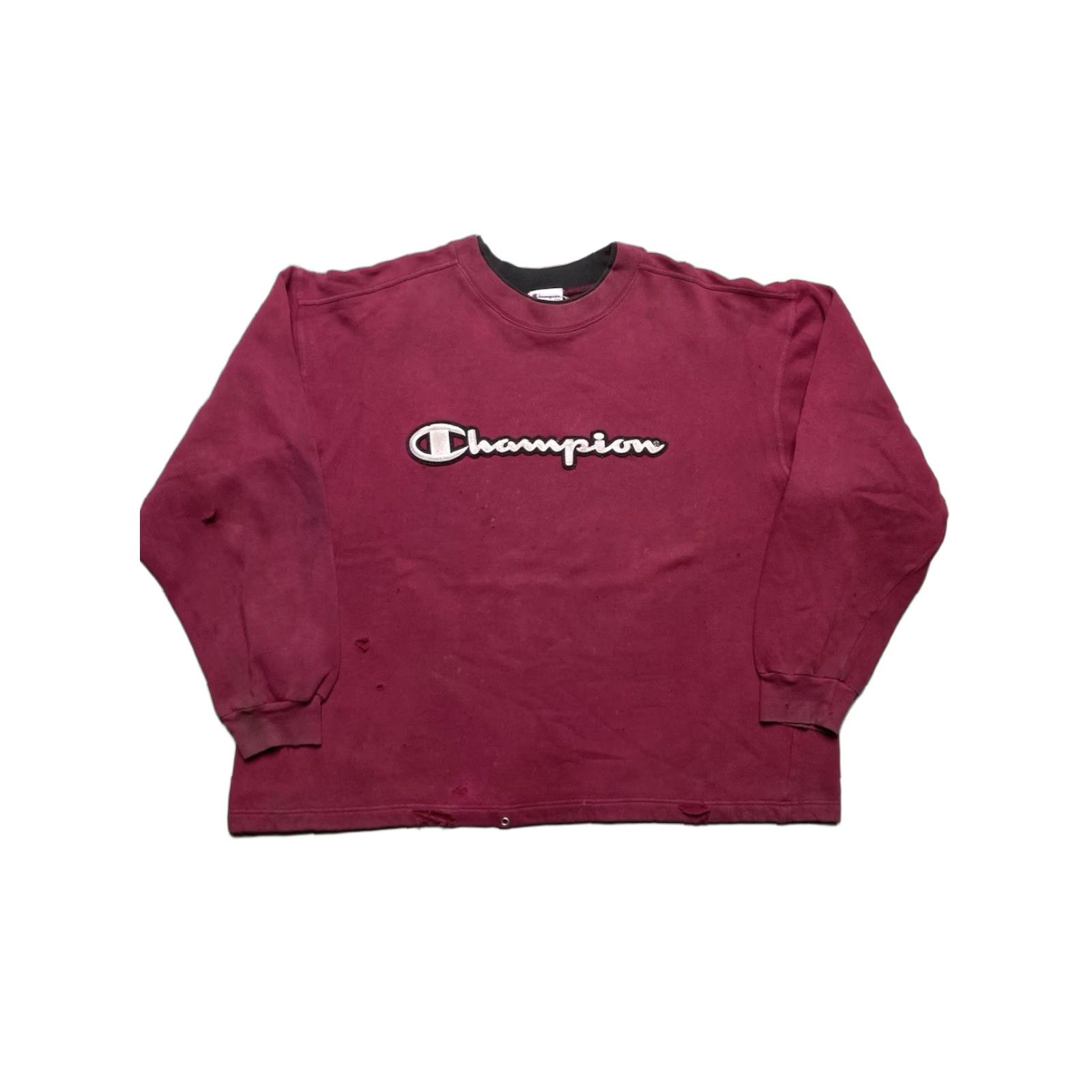 Champion VINTAGE Champion Embroidered Patch Logo Sweatshirt Crewneck Maroon Red XL Mens Adult Sweatshirt Pullover Distressed Size US XL / EU 56 / 4 - 1 Thumbnail