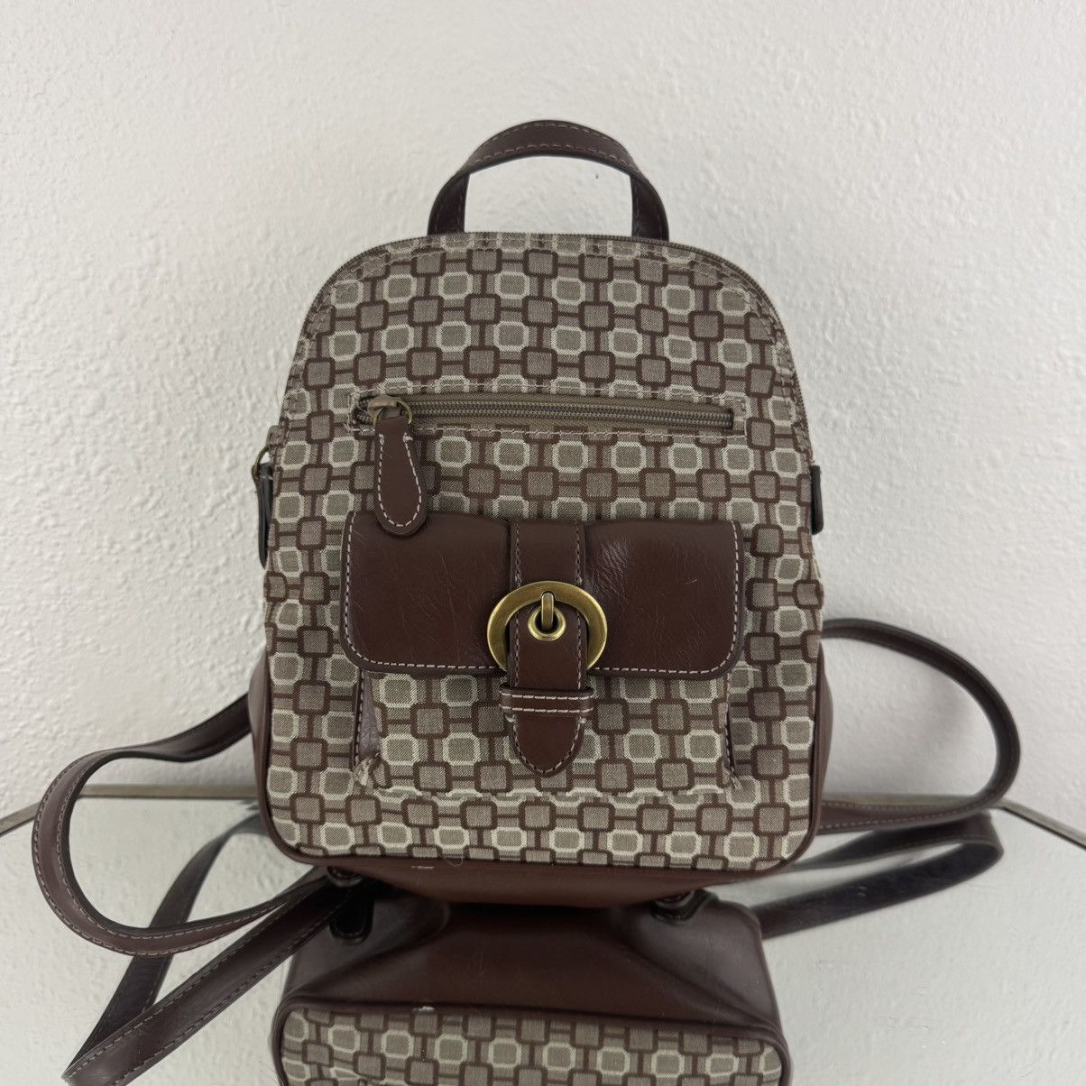 Nine West NINE WEST Vintage Brown Canvas Faux Leather Mini Backpack Size ONE SIZE - 2 Thumbnail