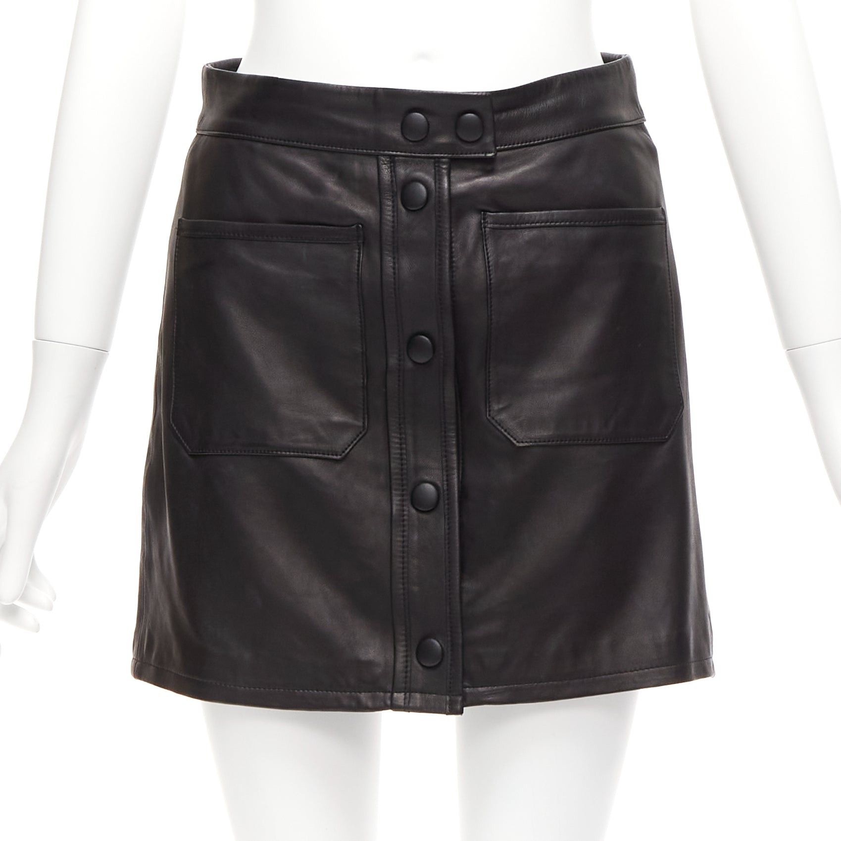 Frame FRAME black lambskin leather snap button patch pocket mini skirt 25" Size 26" / US 2 / IT 38 - 1 Thumbnail