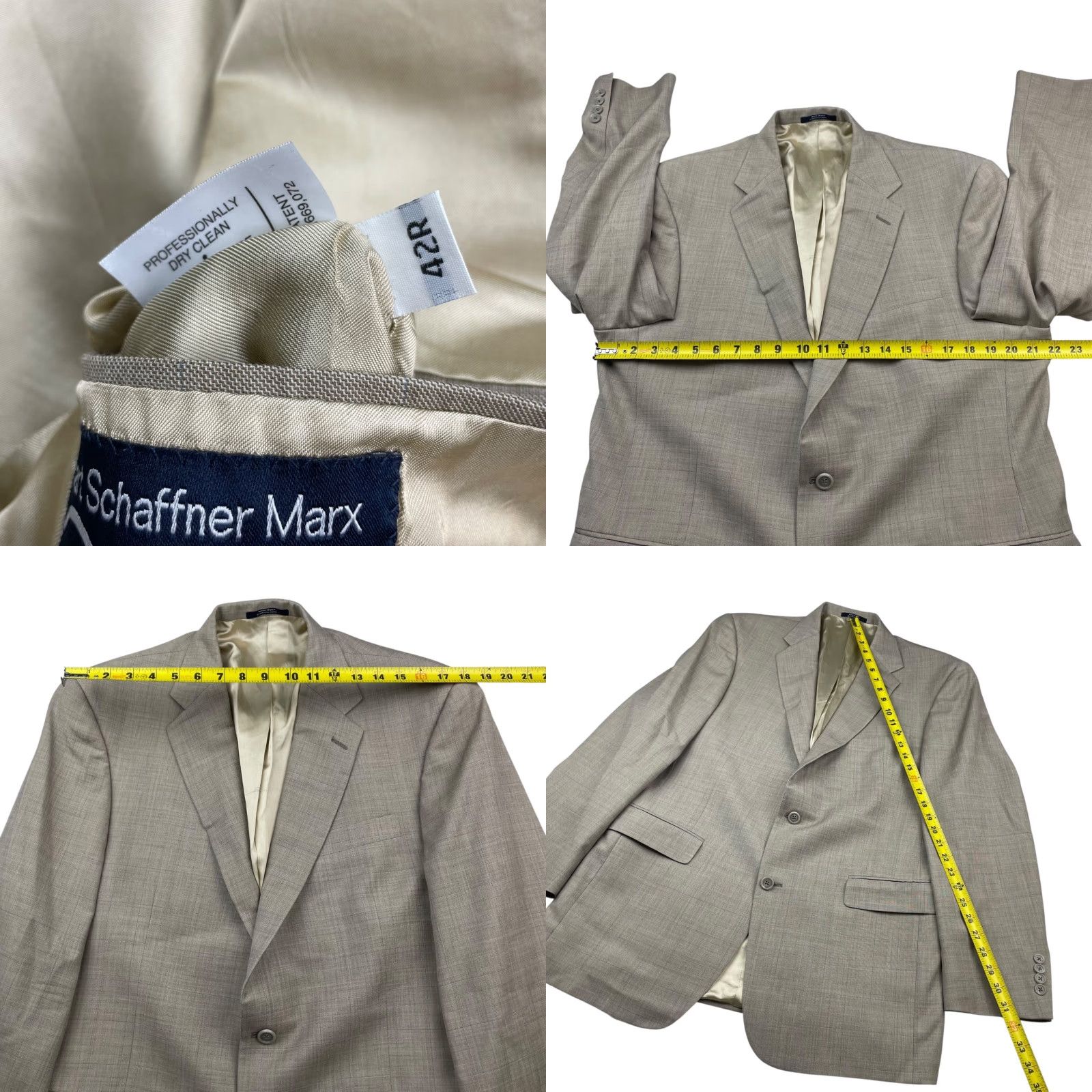 Hart Schaffner Marx Hart Schaffner Marx Blazer Men 42R Wool Beige/Blue Windowpane Plaid 2-Button United States Jacket Size 42R - 8 Thumbnail