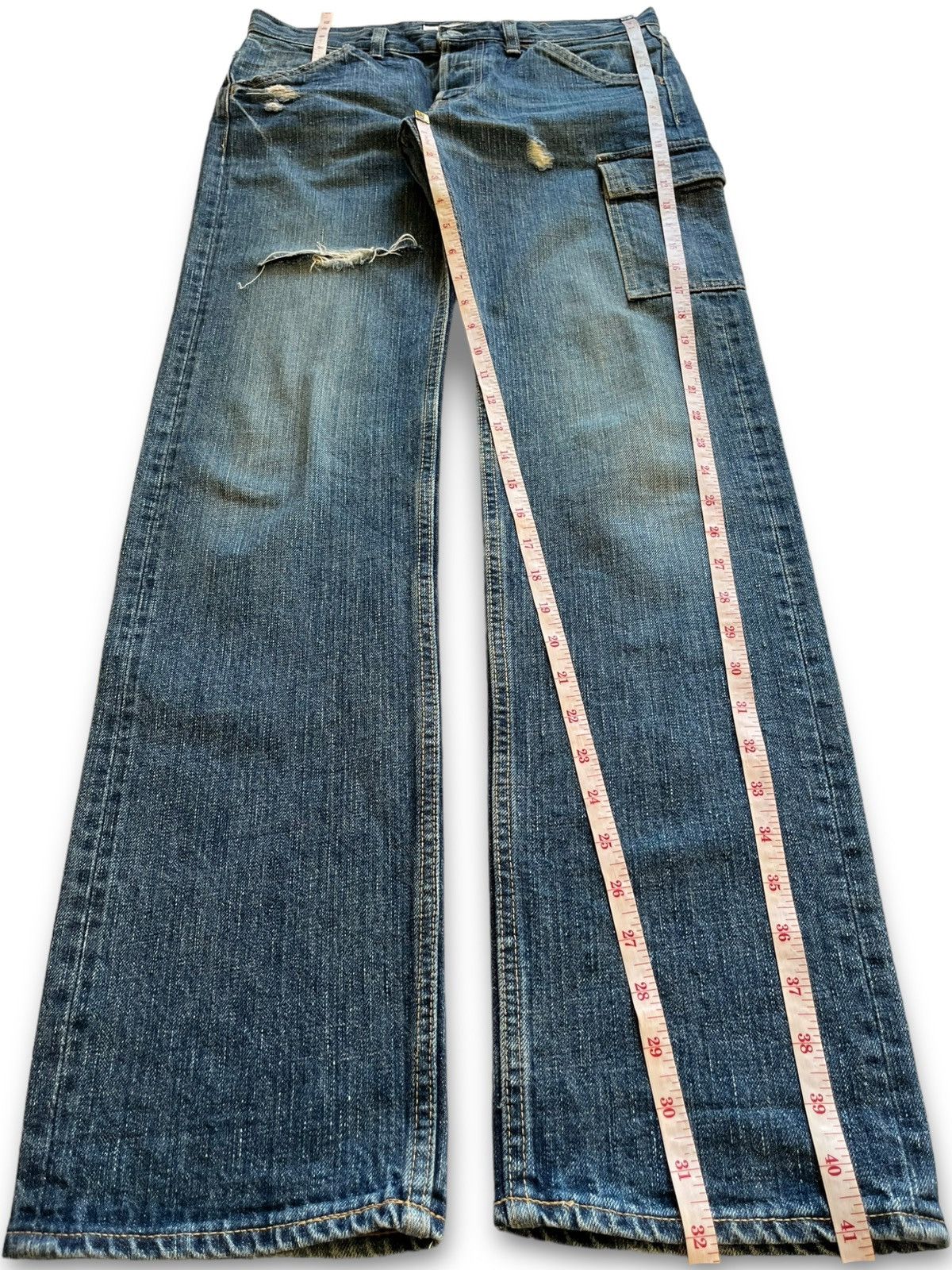 Japanese Brand Vintage Japanese Domingo Blue Wash Distressed Cargo Jeans Size US 31 - 12 Thumbnail