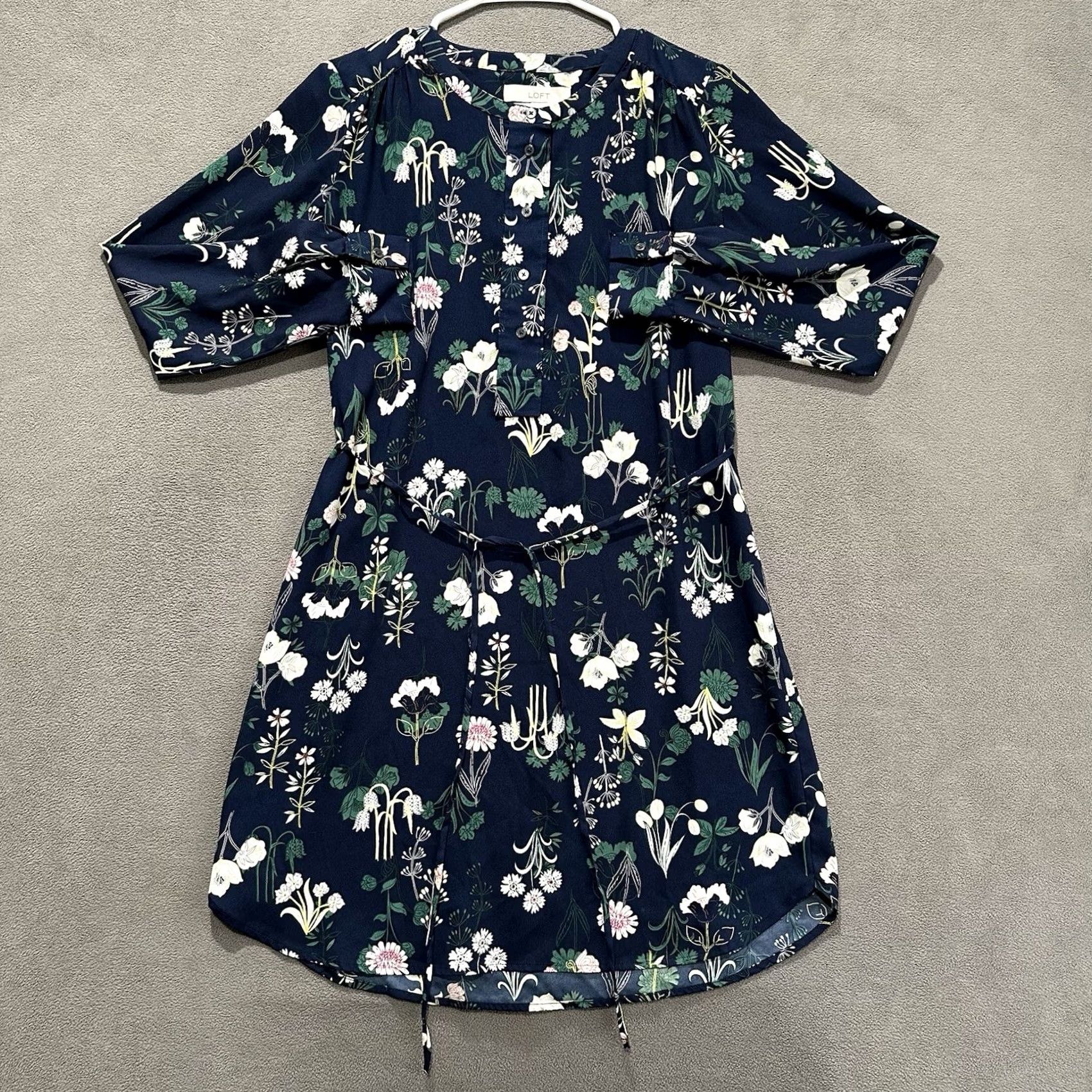 Loft LOFT Dress Womens XS Navy Blue Floral Print Midi Button Front Long Sleeve Belted Size XS / US 0-2 / IT 36-38 - 2 Thumbnail