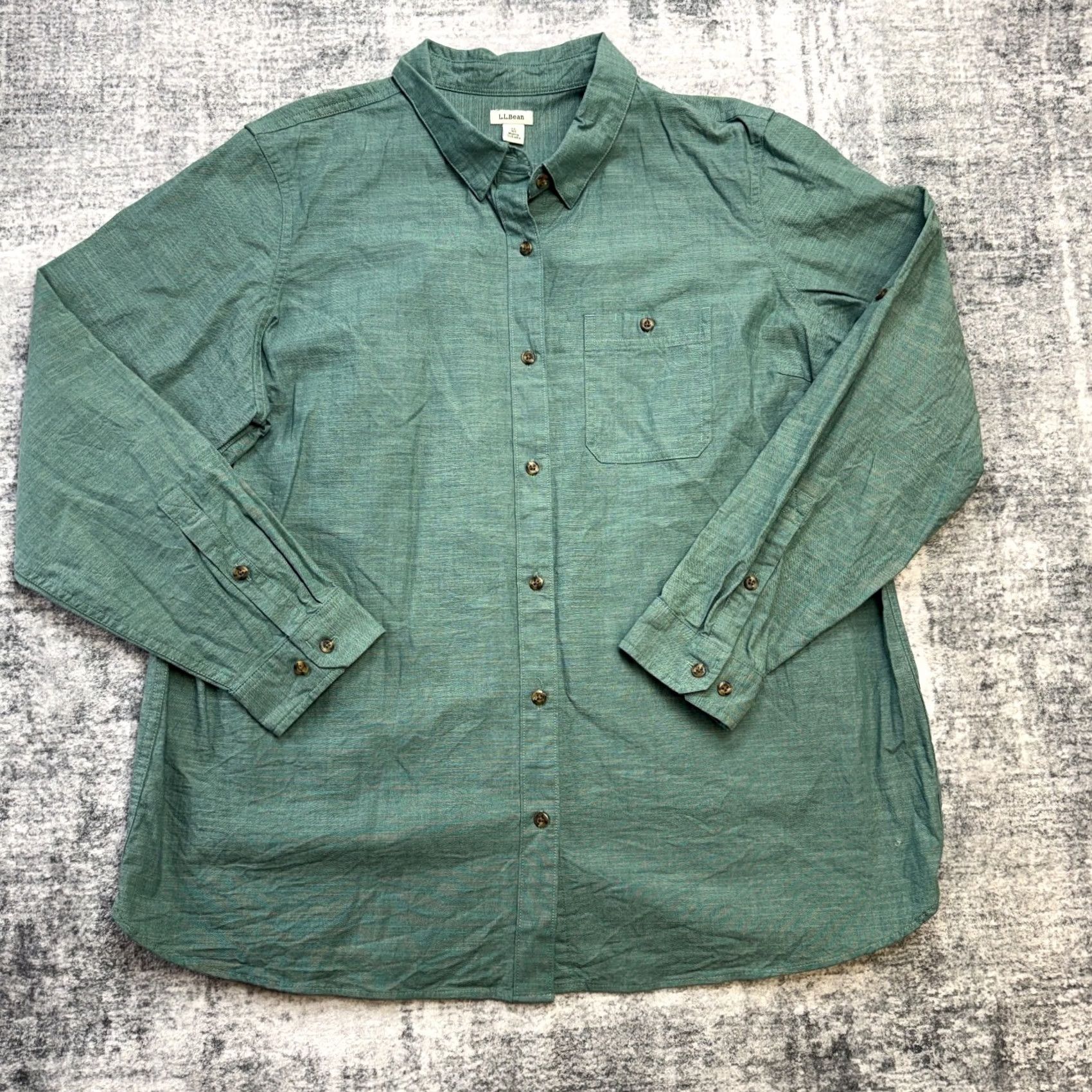 Vintage L.L. Bean Button-Up Shirt Womens XL Green Chambray Cotton Stretch Roll Tab Sleeve Fall Spring Summer Winter Regular Fit Size XL / US 12-14 / IT 48-50 - 2 Thumbnail