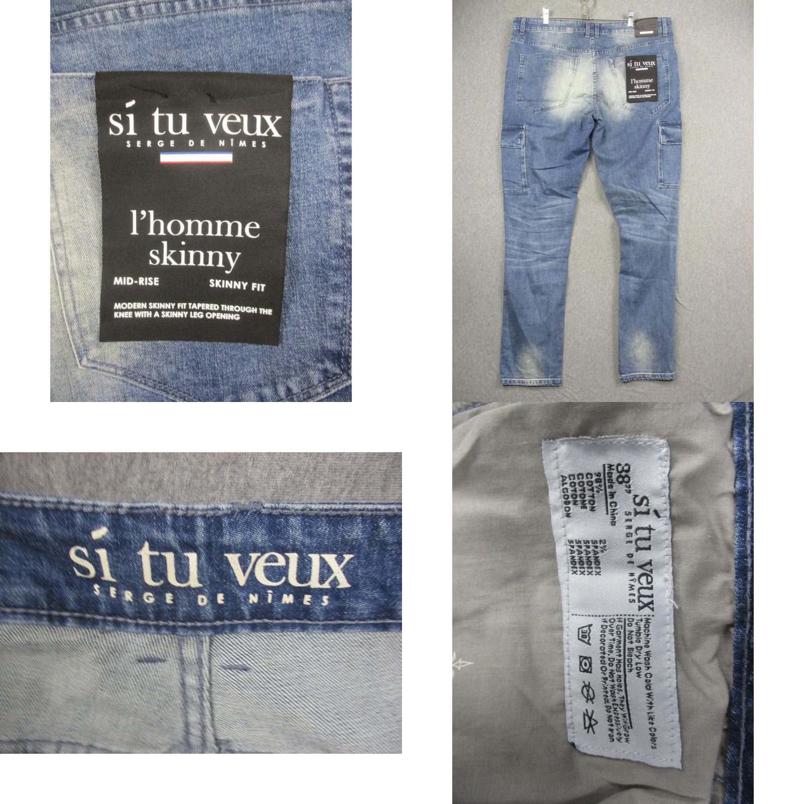 Denime Si Tu Veux Karl Jean Jeans Mens 38 Blue Indigo Wash Distressed Comfort Stretch Skinny Denim Pants Size US 38 / EU 54 - 8 Thumbnail