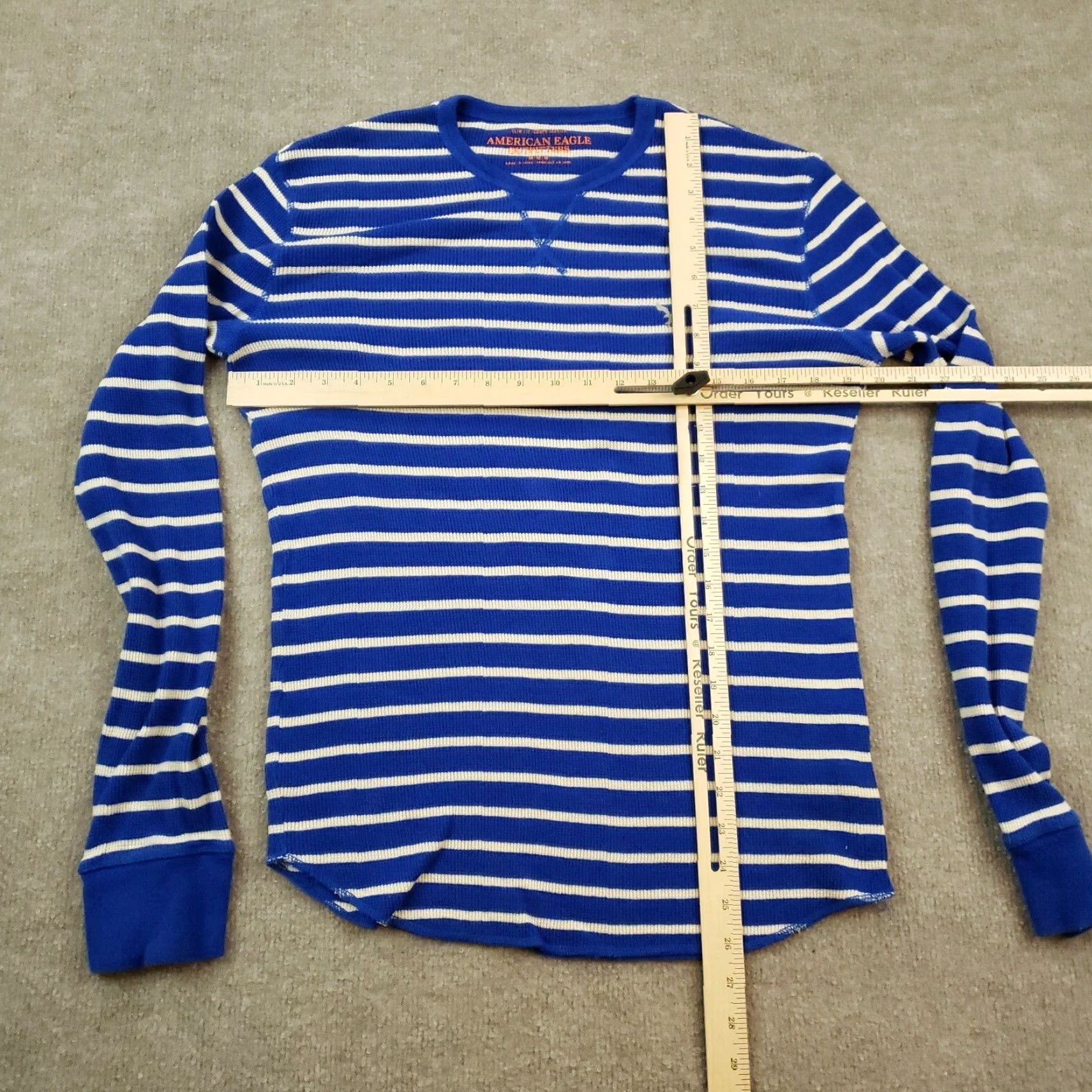American Eagle Outfitters American Eagle Long Sleeve Striped Crew Neck Mens Slim Fit Medium Blue Cotton Shirt Size US M / EU 48-50 / 2 - 2 Thumbnail