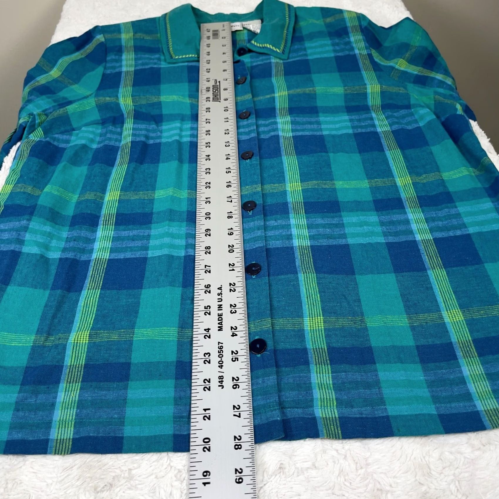 Vintage Studio Ease Shirt Womens 14W Blue Green Plaid Button Down Linen Cotton Blouse Size XL / US 12-14 / IT 48-50 - 4 Thumbnail