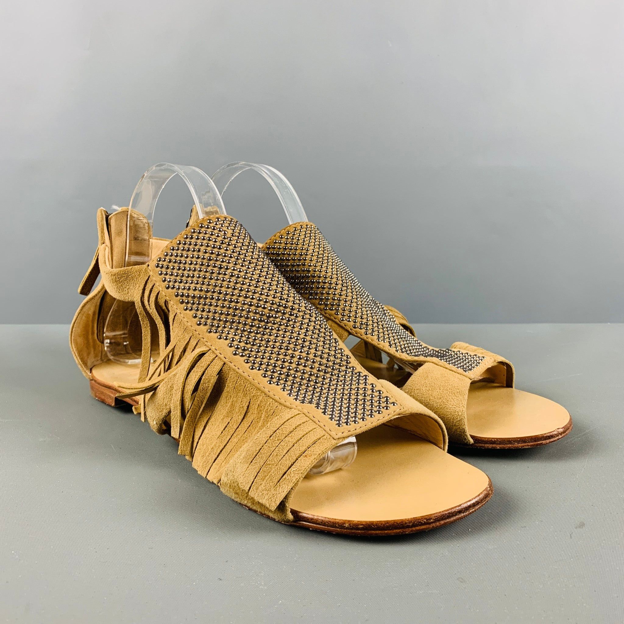 image of Giuseppe Zanotti Beige Suede Studded Fringed Sandals, Women's (Size 10)