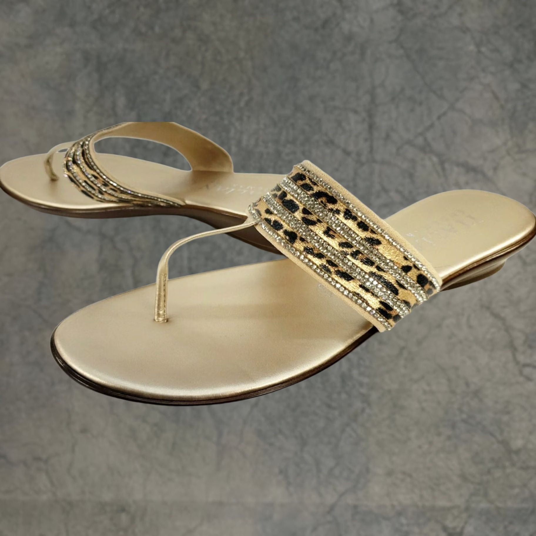 Vintage Italian Shoemakers Sandal Women's 8.5 Gold Toe Post Sandal Crossover Rhinestone Jaguar Pattern White Gold? Size US 9 / IT 39 - 1 Thumbnail