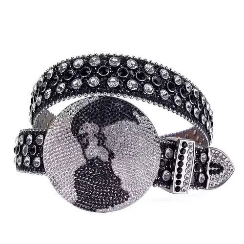 Indigo × Japanese Brand Belts y2k black white studded rhinestone leather belt Size 34 - 1 Thumbnail