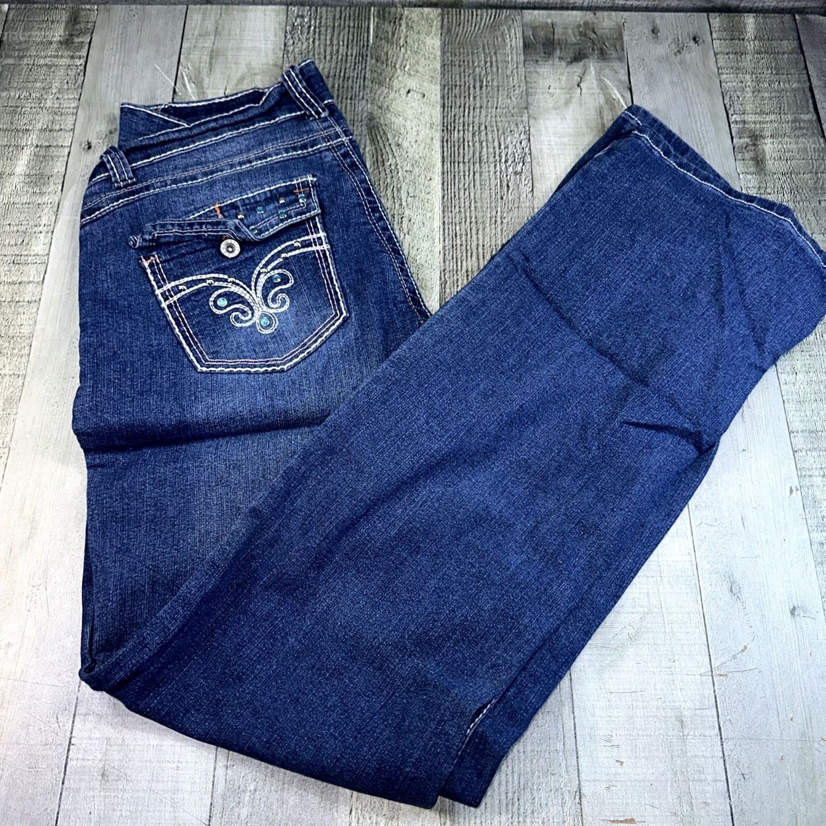Vintage ABM Women Blue Jeans Medium Wash Embroidered Rhinestone Straight Leg Zip 5-Pocket Denim Cotton Spandex Regular Fits Juniors Size 13 Mens? Size 34" / US 12 / IT 48 - 3 Thumbnail