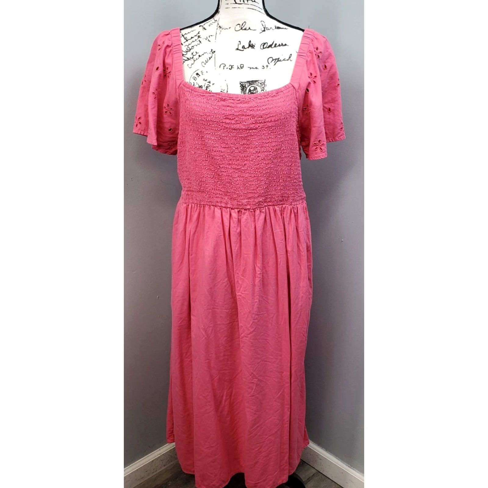 Vintage Beach Lunch Lounge Womens XL Pink Eyelet Smocked Bodice Square Neck Dress Shirt Maxi Casual Size XL / US 12-14 / IT 48-50 - 2 Thumbnail