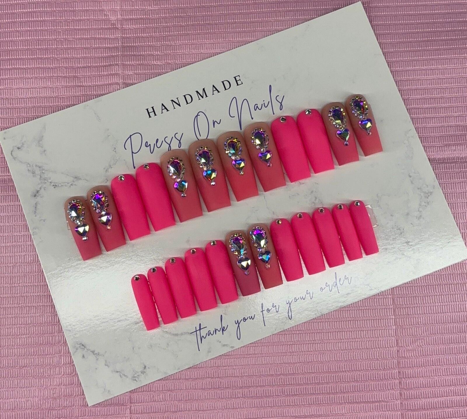 Handmade Long square Press on nails pink ombré rhinestones matte nude Size ONE SIZE - 6 Thumbnail