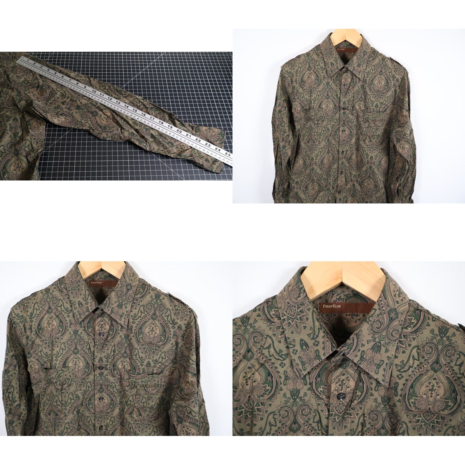 Perry Ellis Perry Ellis Paisley Shirt Mens Large XL Tag Green Long Sleeve Hippie Epaulets Button-Up Size US L / EU 52-54 / 3 - 8 Thumbnail