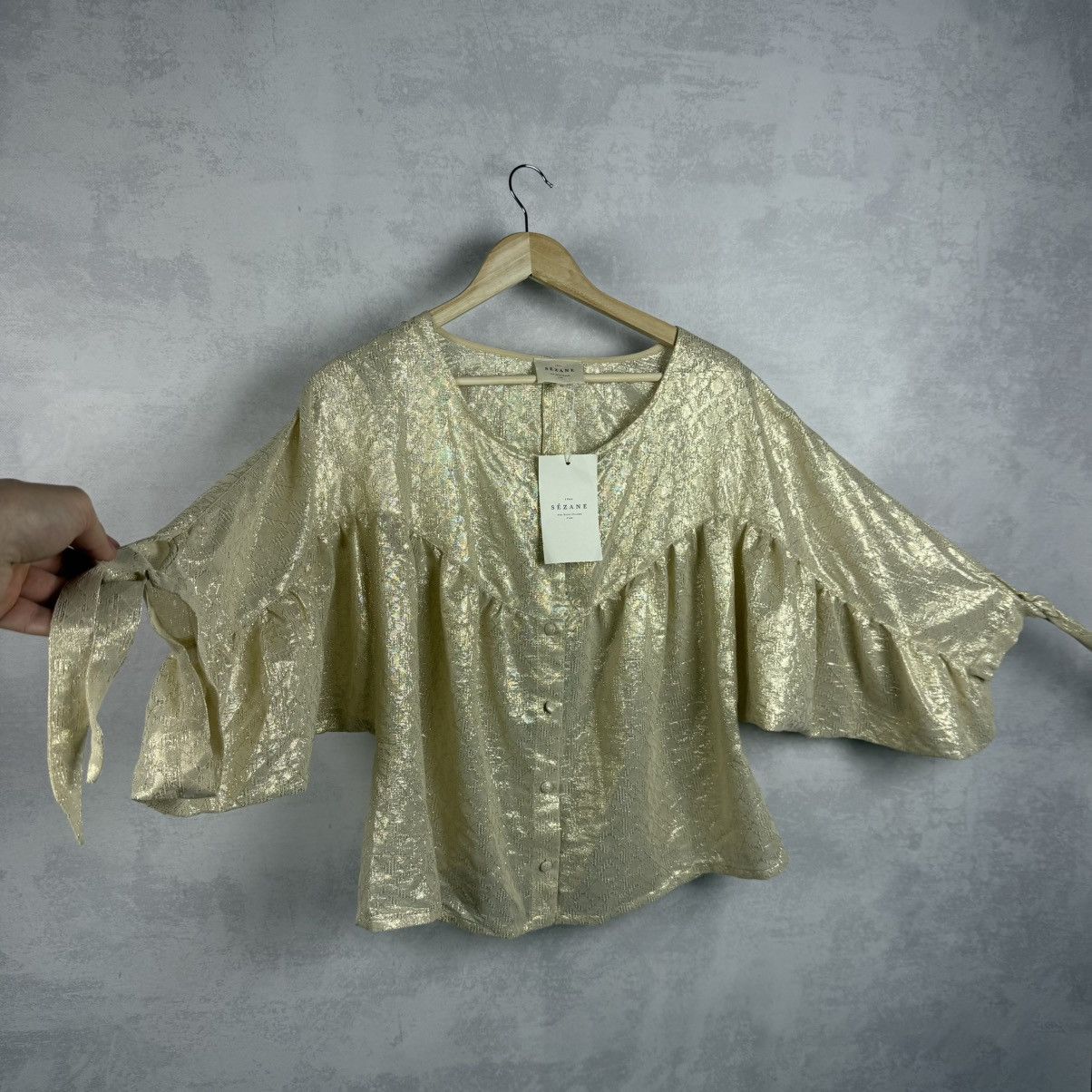 Sezane NWT Sezane Cristina Cotton Gold Metallic Ruched Blouse Size M / US 6-8 / IT 42-44 - 11 Thumbnail