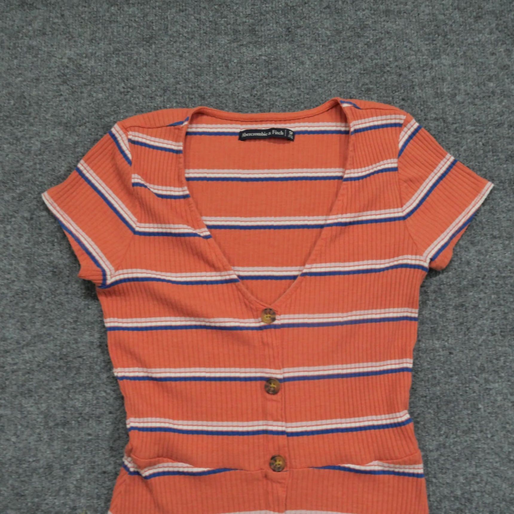 Abercrombie & Fitch Abercrombie & Fitch Dress Womens Petite Small Orange Striped Knit Short Sleeve Button Collared Size S / US 4 / IT 40 - 3 Thumbnail
