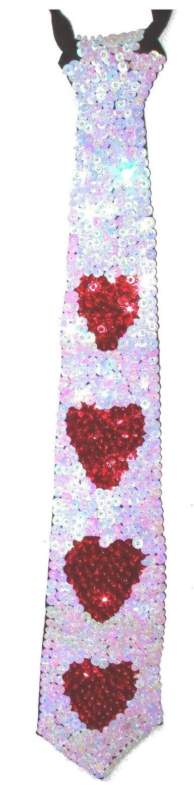 Designer Sequin Neck Tie Opal White w/Red Hearts Adult Unisex Size ONE SIZE - 1 Preview