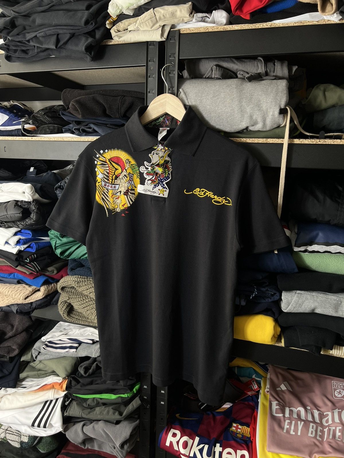 Ed Hardy Polo Shirt Black Dragon Eagle Graphic Y2K Size L