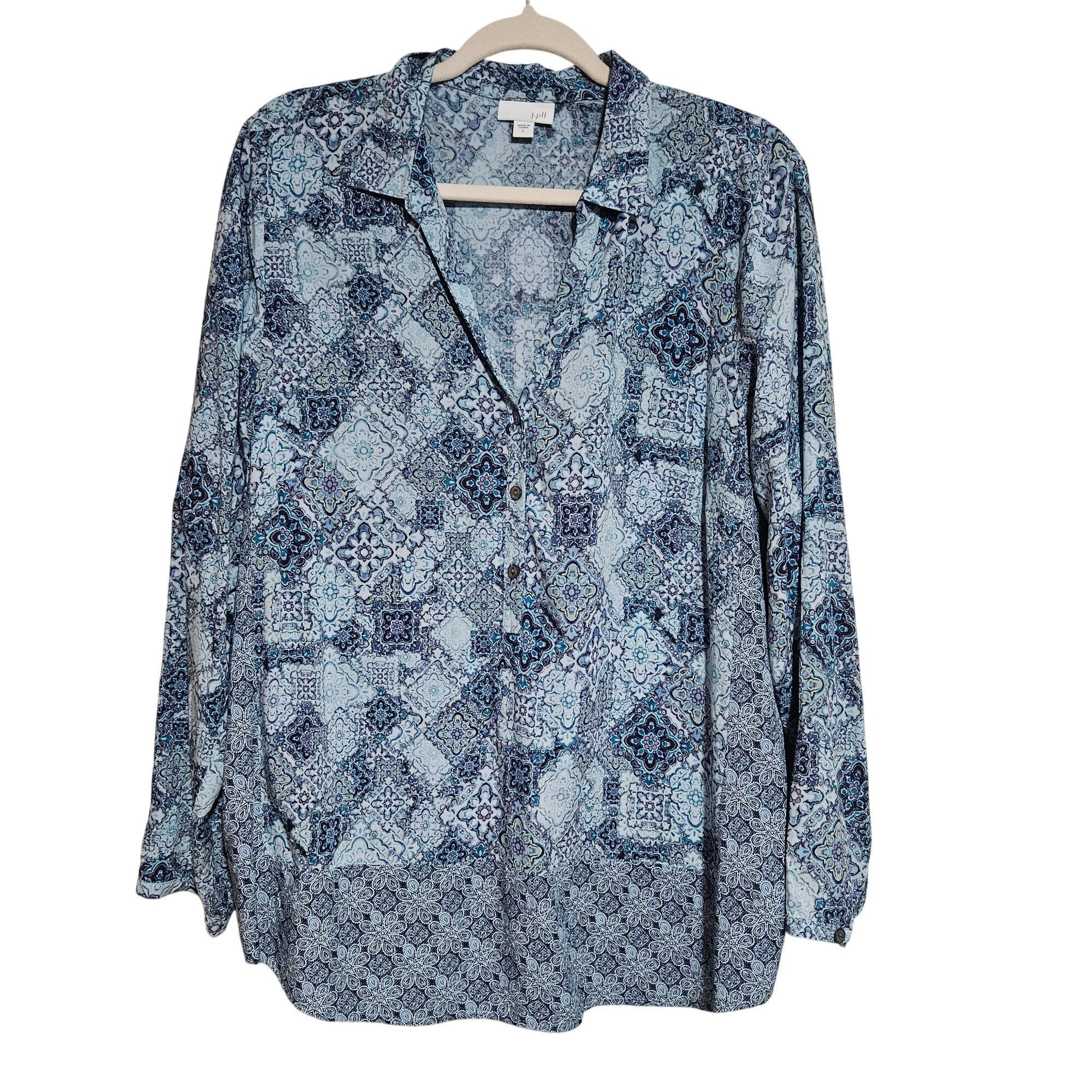 J. Jill J. Jill Women’s Blue Print Top L Button Down Boho Chic Coast Size L / US 10 / IT 46 - 2 Thumbnail
