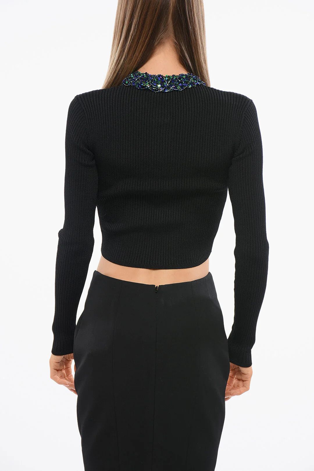 Balmain og1mm0326 Cropped Ribbed Cardigan in Black Size XS / US 0-2 / IT 36-38 - 2 Thumbnail
