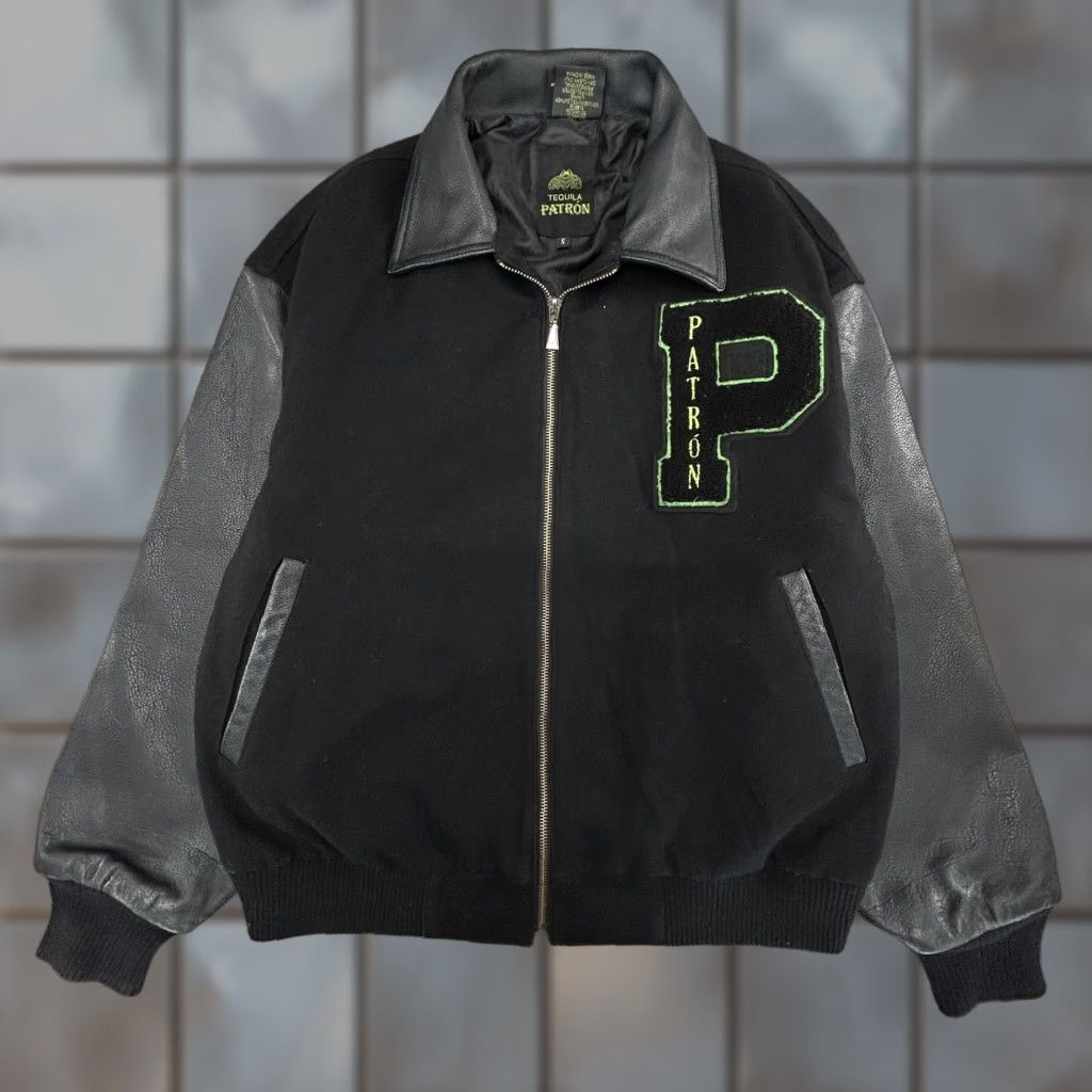 VINTAGE Patron Jacket Mens Small Wool Leather Full Zip Varsity Black Embroidered Logo P