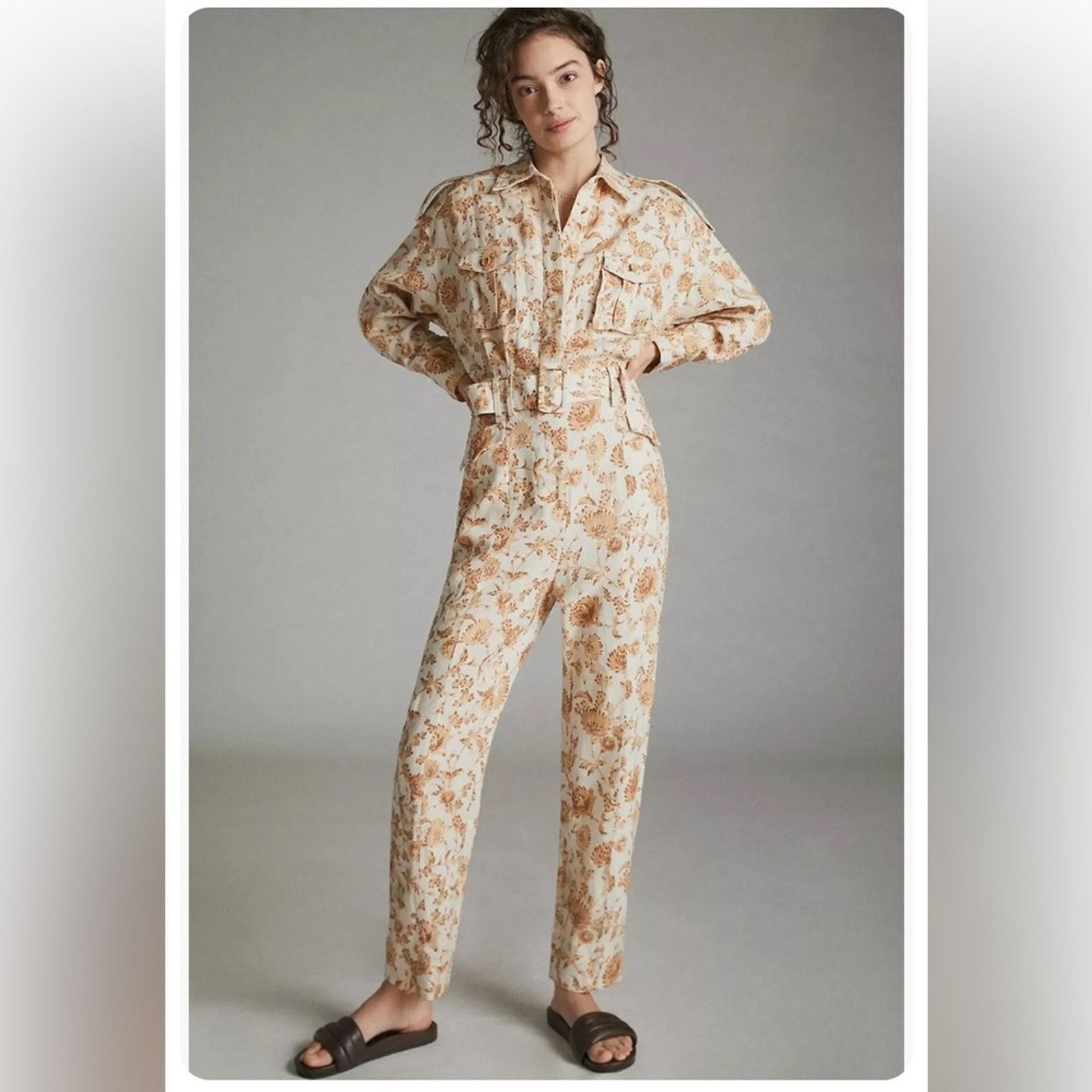 Anthropologie SIGNIFICANT OTHER Aphrodite Belted Jumpsuit Linen Blend Size 27" / US 4 / IT 40 - 1 Thumbnail